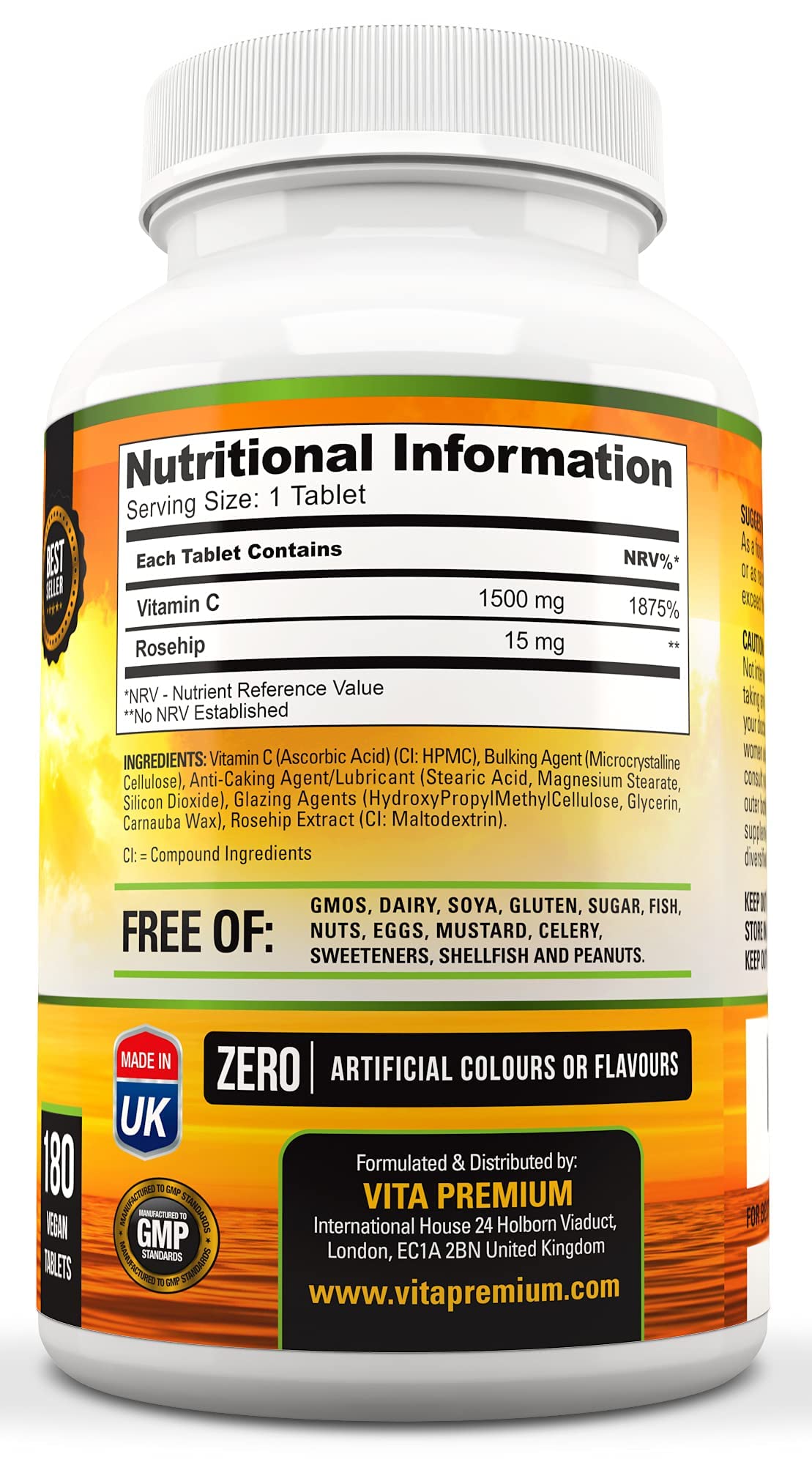 Vitamin C 1500mg per Tablet, High Strength 180 Vegan Tablets, Food Supplement, 6 Month Supply - Made in UK