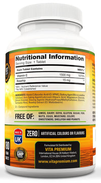 Vitamin C 1500mg per Tablet, High Strength 180 Vegan Tablets, Food Supplement, 6 Month Supply - Made in UK