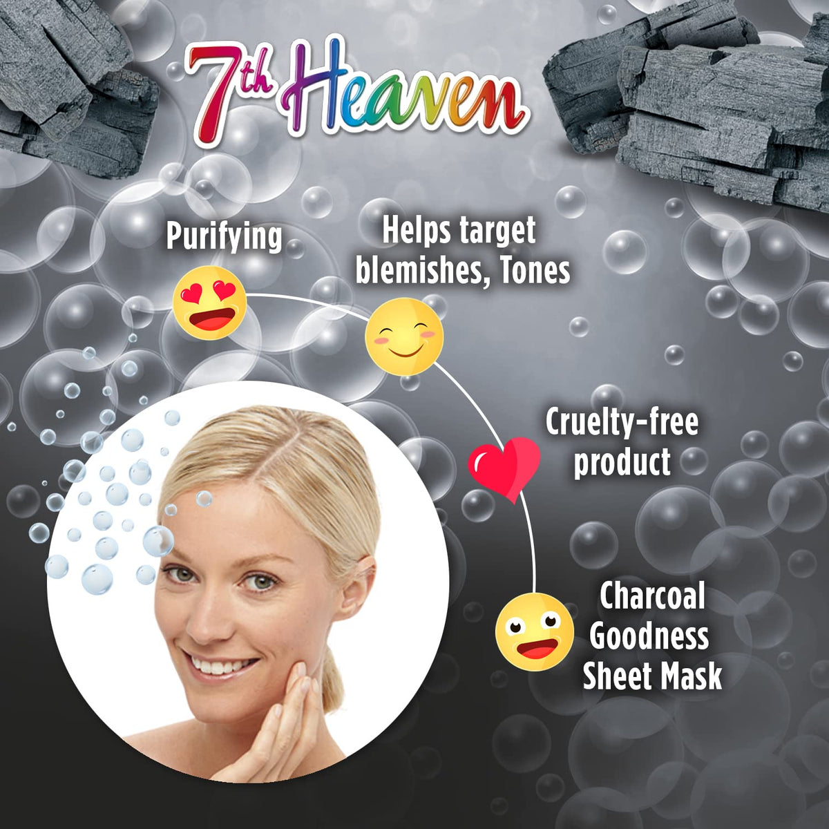 7th Heaven Charcoal Detox Bubble Sheet Mask with Purifying Charcoal, Collected Star Anise and Cleansing Oxygen Bubbles for a Brighter Complexion - Ideal for All Skin Types