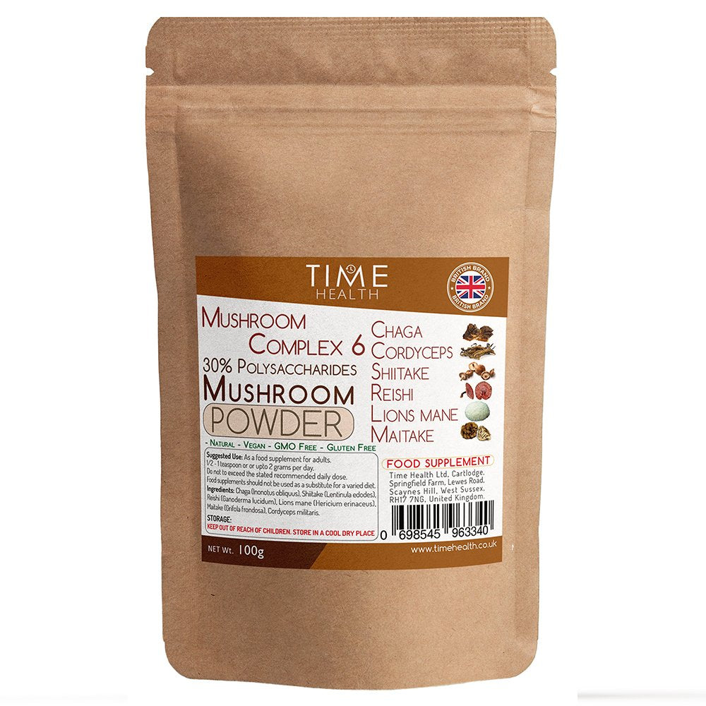 Mushroom Complex 6 Powder ∣ Chaga, Cordyceps, Shiitake, Reishi, Lions Mane, Maitake ∣ 30% Polysaccharides (100g Powder Pouch)