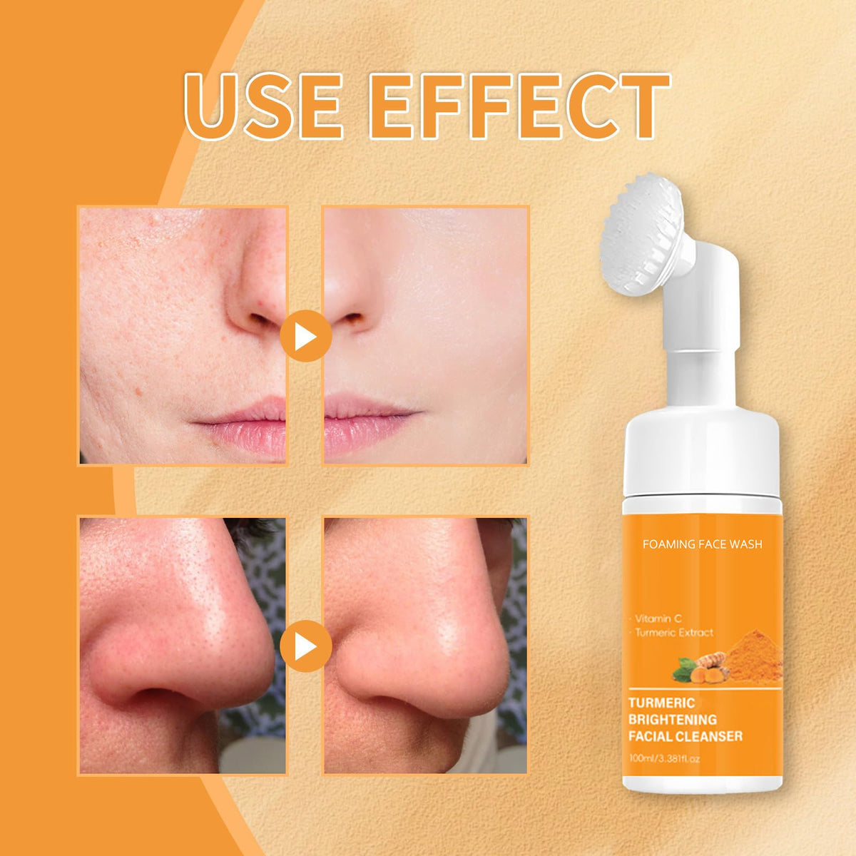 Wormeer Turmeric Face Wash with Brush - Foaming Cleanser for Women - Improves Blemishes, Zits, & Evens Skin Tone - Gentle Hydrating Facial Cleanser