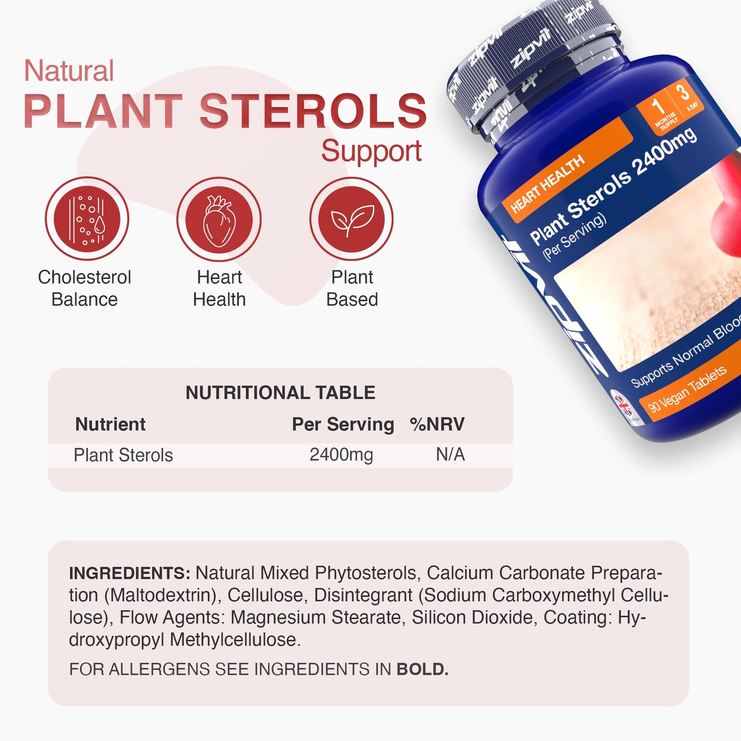 Zipvit Plant Sterols High Strength 2400mg, 90 Vegan Tablets, Supports Maintenance of Normal Blood Cholesterol, Vegan and Vegetarian Friendly