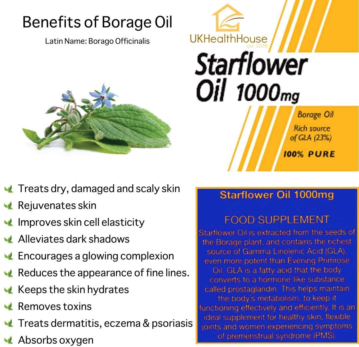 UKHealthHouse Starflower Oil Capsules 1000mg – High Strength Borage Oil with 18% GLA & Omega 6 | Cold Pressed Softgels for Women’s Health, Skin, Digestion & Hormonal Balance – 360 Capsules