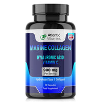 Atlantic Vitamins Marine Collagen 900 mg - High Strength 90 Capsules Collagen with Hyaluronic Acid and Vitamin C for Skin, Joints and Hair - Type 1 Hydrolysed Collagen Supplements for Women & Men - UK Made
