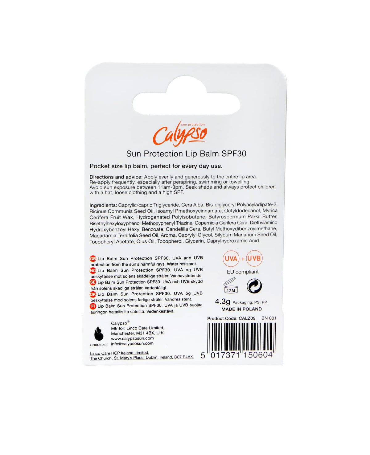 Calypso UVA/UVB Sun Protection Lip Balm SPF30 HIGH 4.3 gm (Pack of 2)