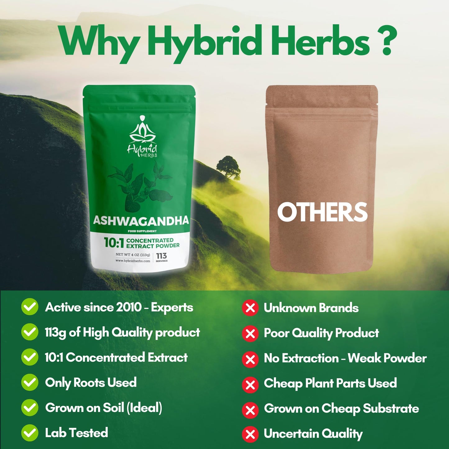 HYBRID HERBS – ASHWAGANDHA ROOT | 10:1 Extract Powder with Withanolides | Adaptogen for Calm, Stress & Sleep Aid | Stamina, Cognitive & Mind Support | 113 servings (113g)