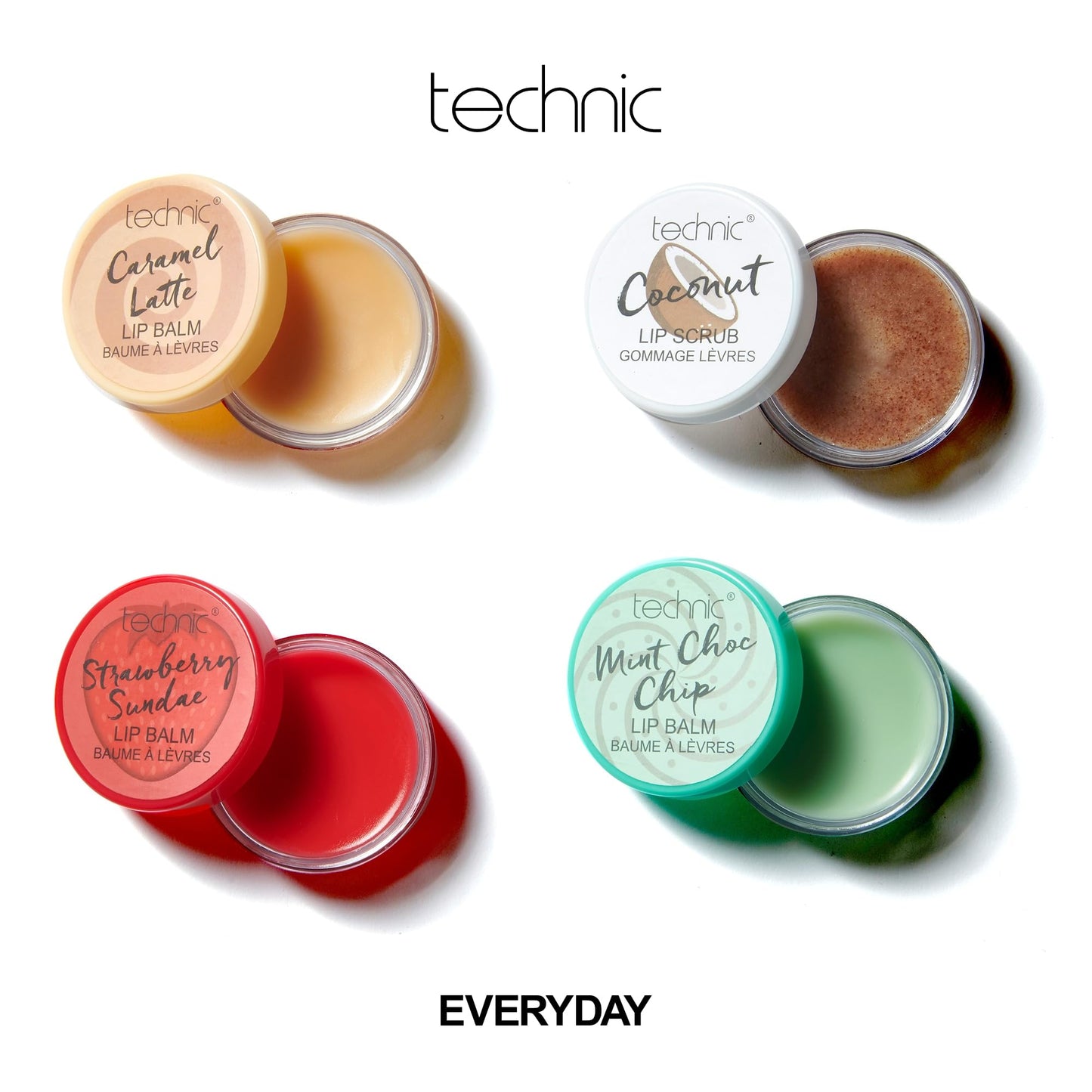 Technic Lip Balm & Scrub 4Pc Gift Set - 4 Flavours - Nourishing Coconut Sugar Scrub Lip Treatment & Softening Lip Balms - Vegan and Cruelty Free