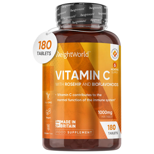 Vitamin C 1000mg – 180 High Strength Vitamin C Tablets with Rosehip & Bioflavonoids - Vegan Vitamin C Supplement (As Ascorbic Acid) for Immune System – Energy Tablets for Men & Women - Made in The UK