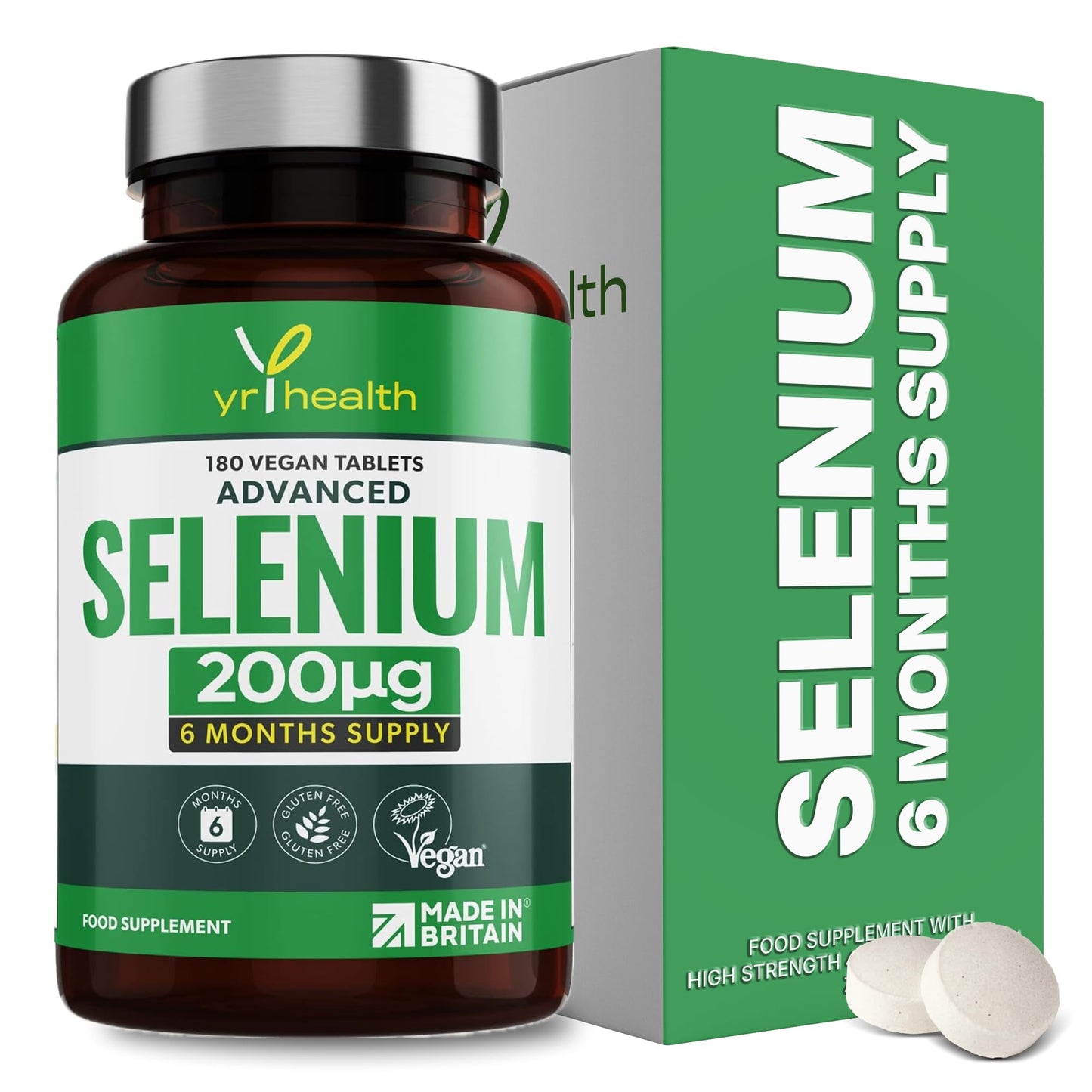 yrhealth Selenium 200mcg Tablets - 180 Vegan Society Registered Pills, for Thyroid and Immune Health, Hair, Skin and Nails - 6 Month Supply Tablets Not Capsules - Made in The UK by YrHealth