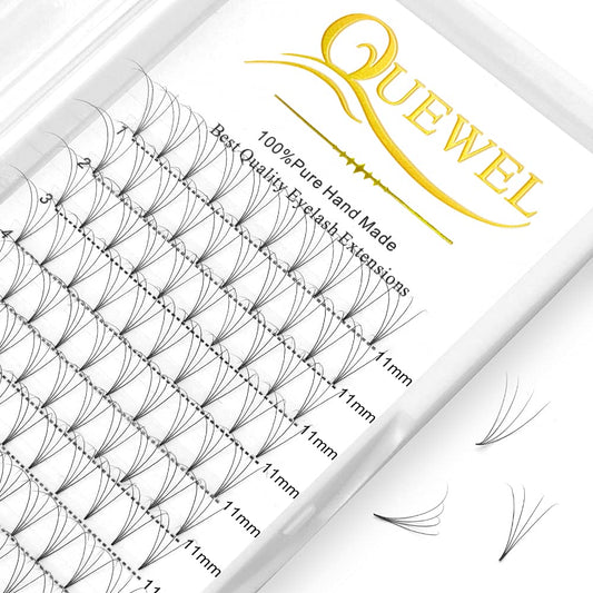 QUEWEL Premade Fan Volume Lash Extensions 4D 0.10D 11mm Russian Pre Made Fan Lashes | 3D 4D 5D 6D 0.07/0.10 C/D Curl 8-15mm | Long Lasting | Easy Application（4D 0.10D 11mm）