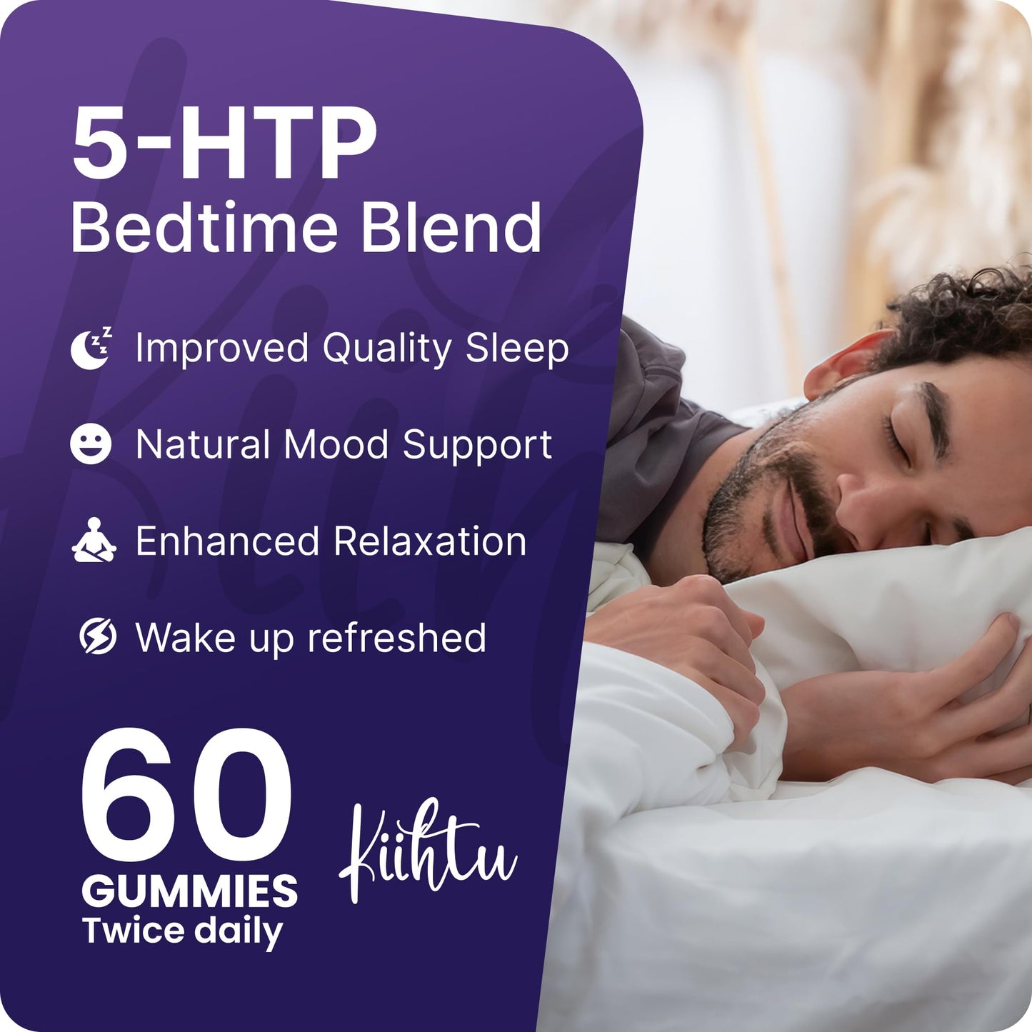 Kiihtu 5HTP Good Night Sleep Gummies - 60 Count | 1 Month Supply Chewable Griffonia Extract, Chamomile & Lemon Balm Bedtime Gummies | Calm Sleep Support | Natural & Vegan | Berry Flavour