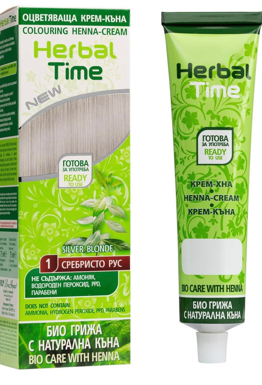 Generic Henna Herbal Time Natural Cream Color Silver Blonde Nº 1 | Henna Coloring Cream with Nettle Extract | Gray Hair Cover | Ammonia Free, Sulfates Free, Parabens Free | 75 ml