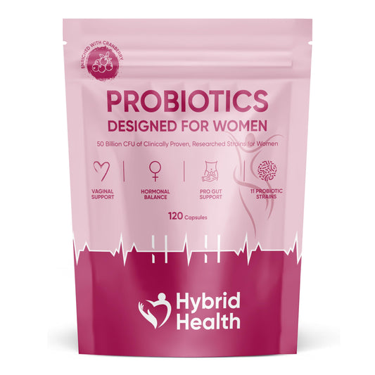 Hybrid Health Probiotics for Women | 120 Vegan Capsules | 50 Billion CFU Womens Probiotics for Gut Health | 11 Probiotic Researched Strains with Prebiotics & Cranberry Extract | Vegan Non-GMO