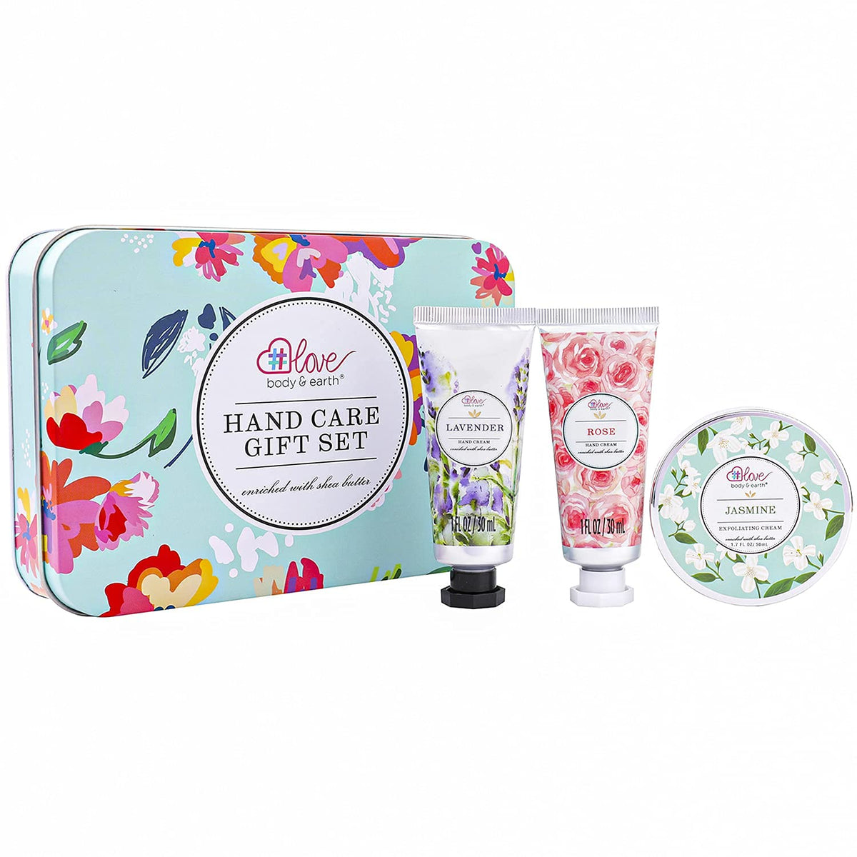 BODY & EARTH # LOVE Hand Care Gift Set for Women - Travel Size Gift Set, Hand Cream Kit with Rose Hand Lotion, Jasmine Exfoliating Cream, Repair&Moisture Extra Dry Hands, Gift Set for Women Mother's Day