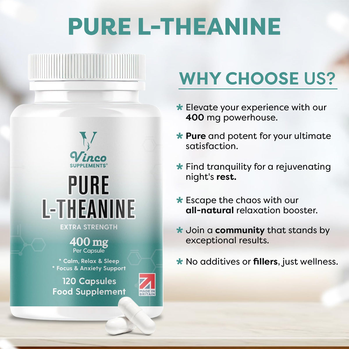 Vinco Supplements Vinco L-Theanine Supplement - 400mg x 120 High Strength L Theanine Capsules - 99%+ Purity - Supports Sleep & Relaxation - Non-GMO & Gluten Free - Made in The UK