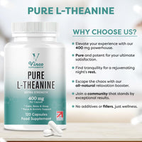 Vinco Supplements Vinco L-Theanine Supplement - 400mg x 120 High Strength L Theanine Capsules - 99%+ Purity - Supports Sleep & Relaxation - Non-GMO & Gluten Free - Made in The UK