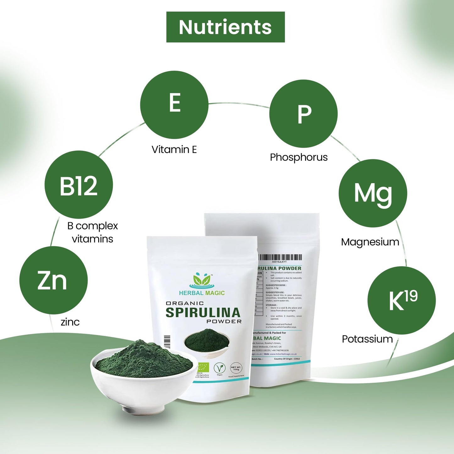 Herbal Magic's Organic Spirulina Powder - Sparkle Your Smoothies, Shakes - Ideal for Trainers on a Vegan, Vegetarian Diet - No Fillers & Preservatives - of&G UK Organic Certified-100g (Pack of 1)