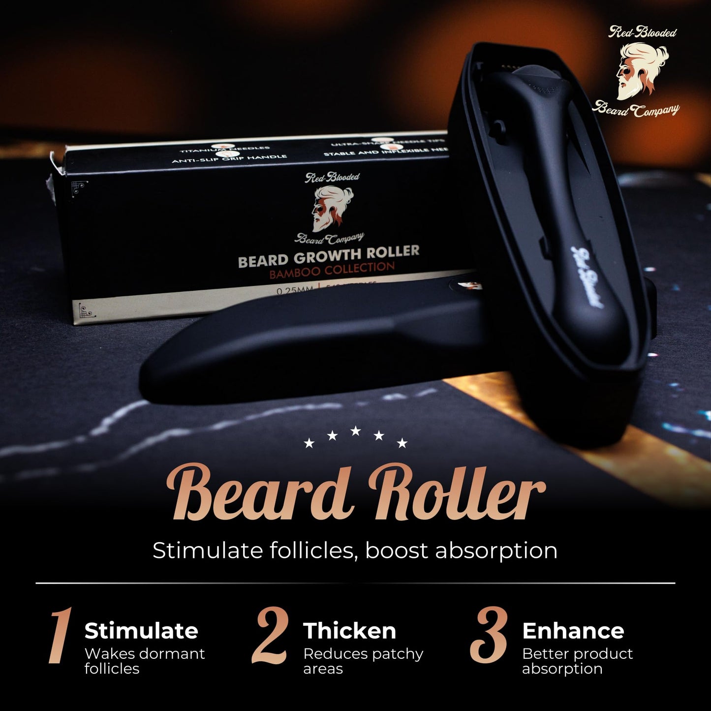 Red-Blooded Beard Roller 0.5mm – 540 Titanium Microneedle Derma Roller for Beard Growth & Hair Regrowth for Men – Microneedling Tool for Thicker, Fuller Beard & Skincare
