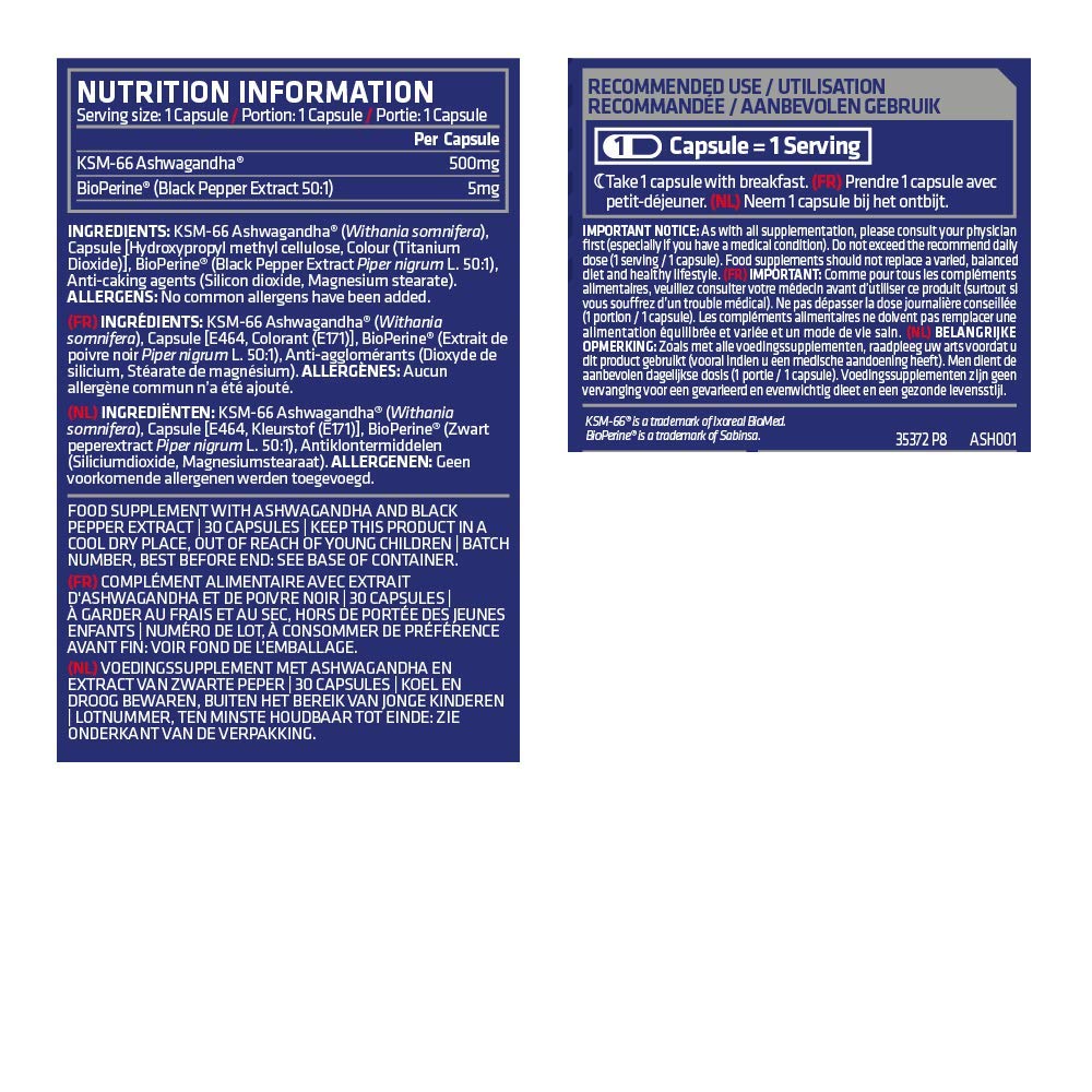 USN Ashwagandha, KSM-66 Dietary Supplement, Premium Natural Stress Relief Supplement, Added Bioperine to Aid with Absorption, High Quality Daily Dietary Supplement - 30 Capsules