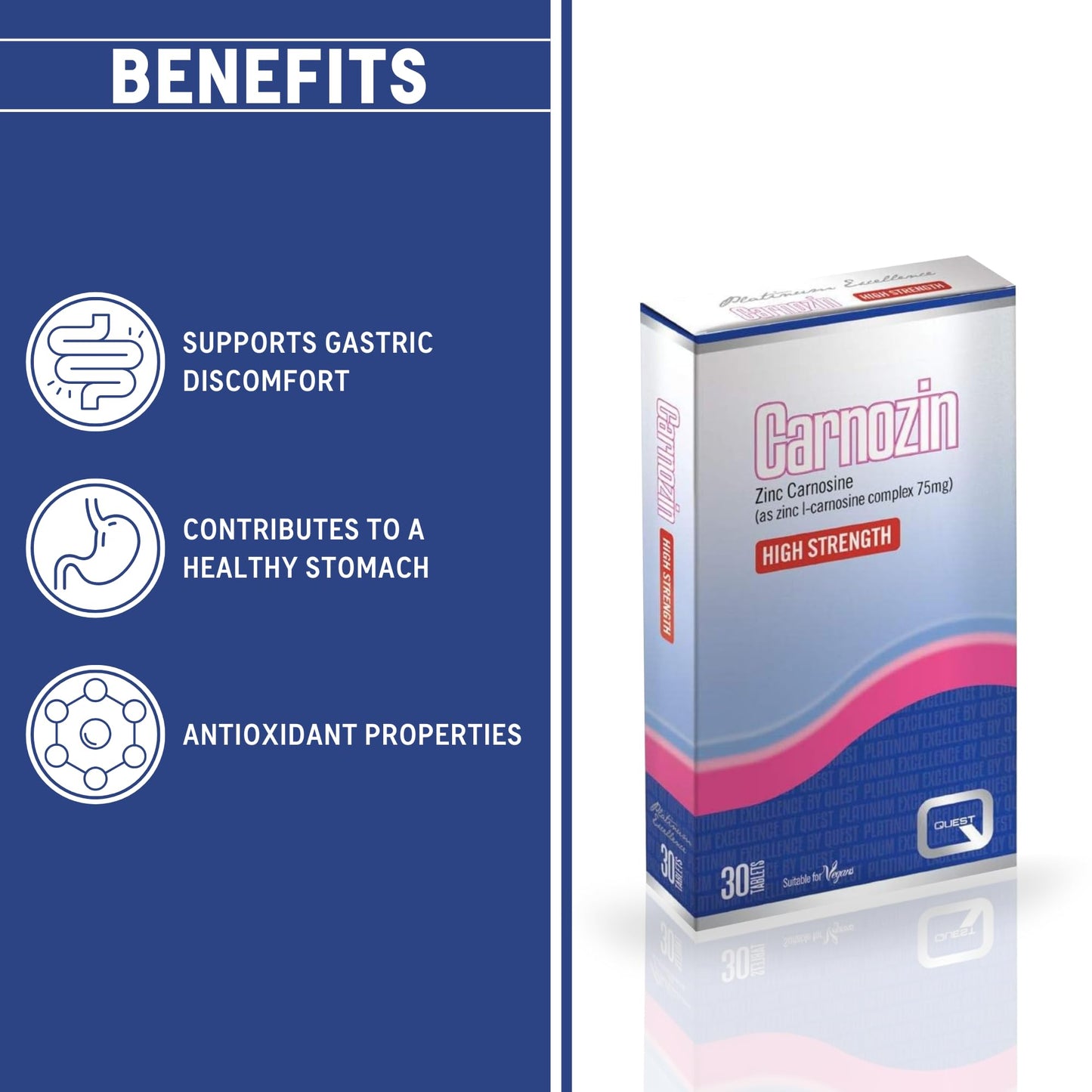 Quest Carnozin (Pack of 30) - Zinc Carnosine Complex Supplement for Gastro Protection & Healing (75mg per Tablet). High Strength Anti-Inflammatory Tablets. Suitable for Vegans.