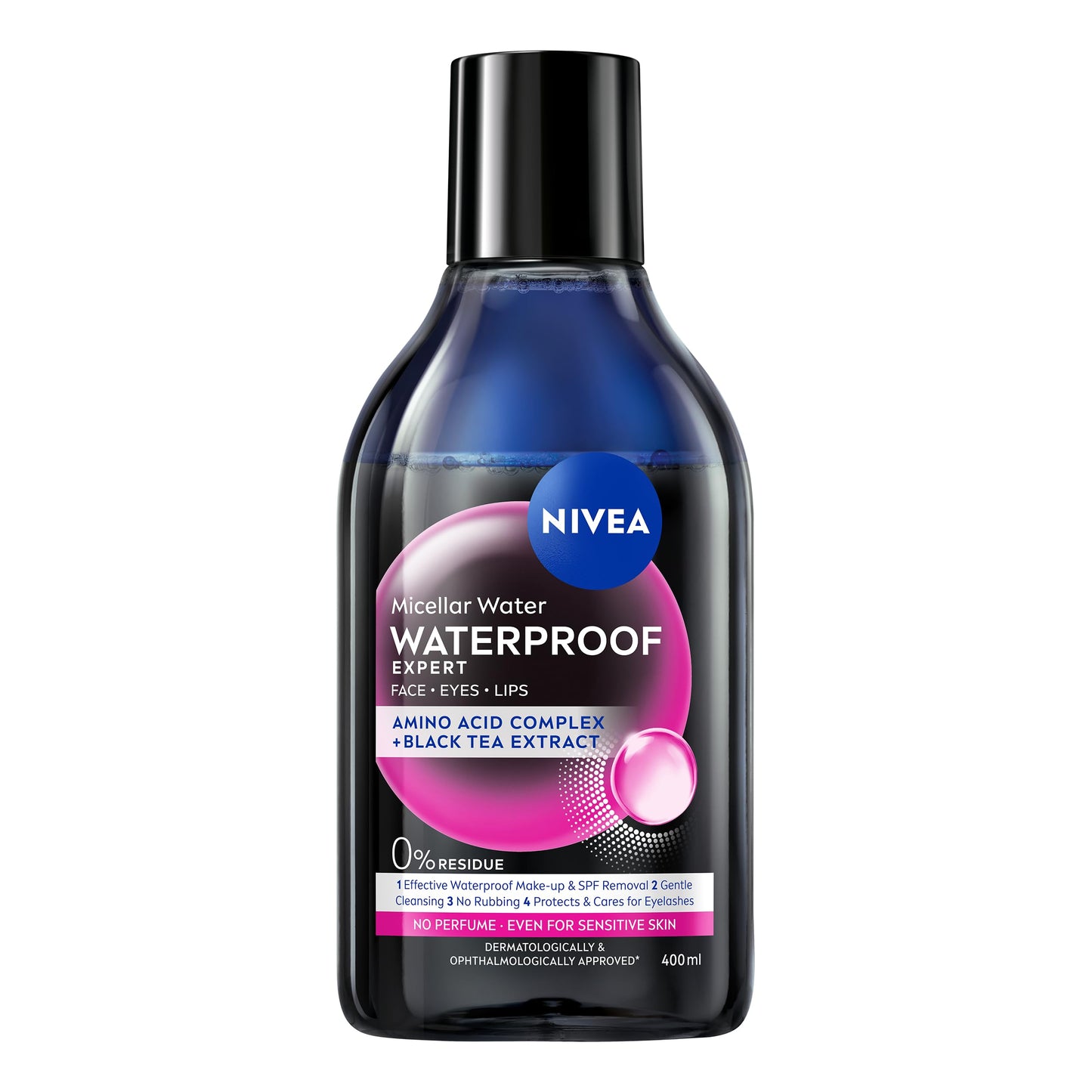 NIVEA Waterproof Expert Micellar Water (400ml), Effective yet Gentle Makeup Remover, Micellar Skin Cleanser with Amino Acid Complex and Black Tea Extract