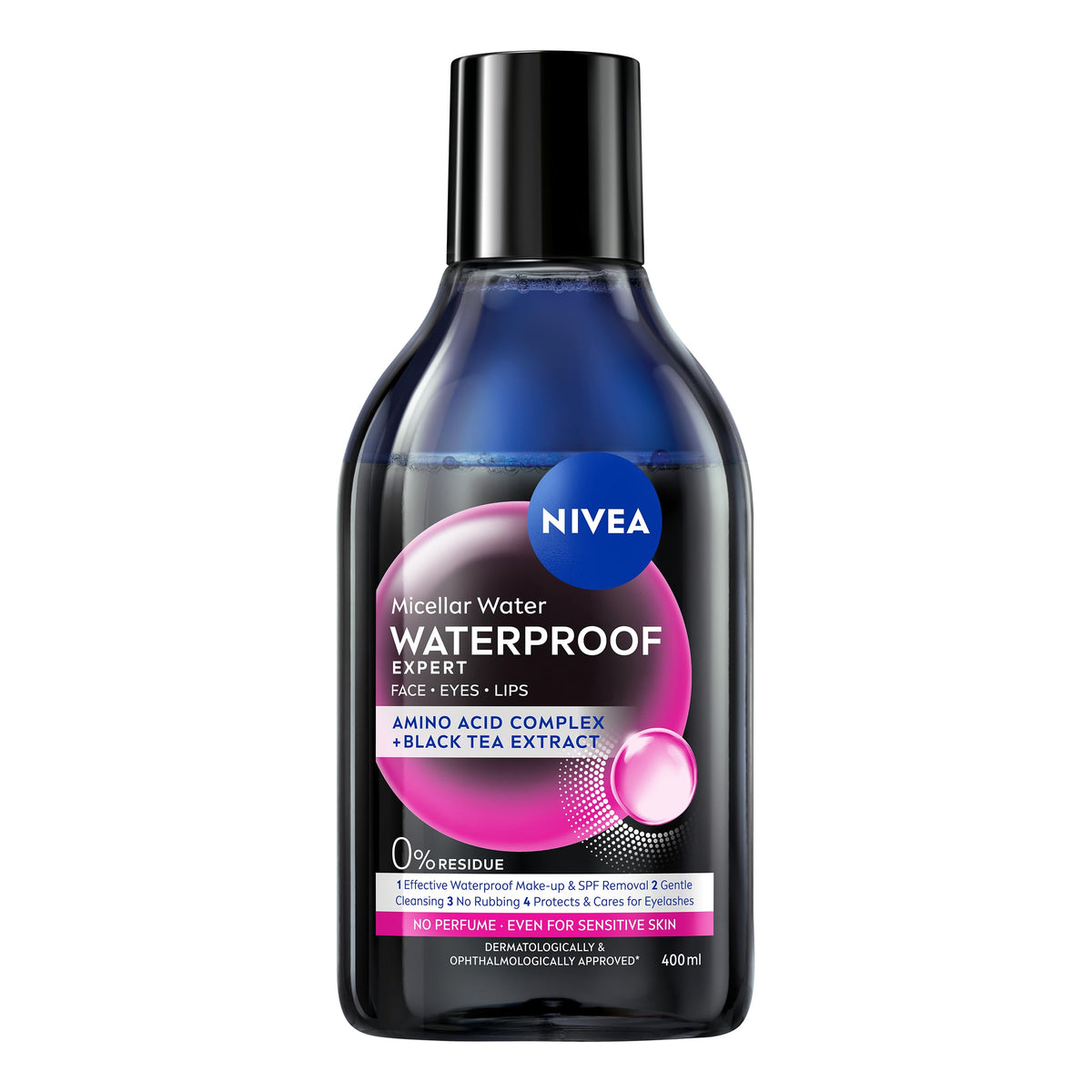 NIVEA Waterproof Expert Micellar Water (400ml), Effective yet Gentle Makeup Remover, Micellar Skin Cleanser with Amino Acid Complex and Black Tea Extract
