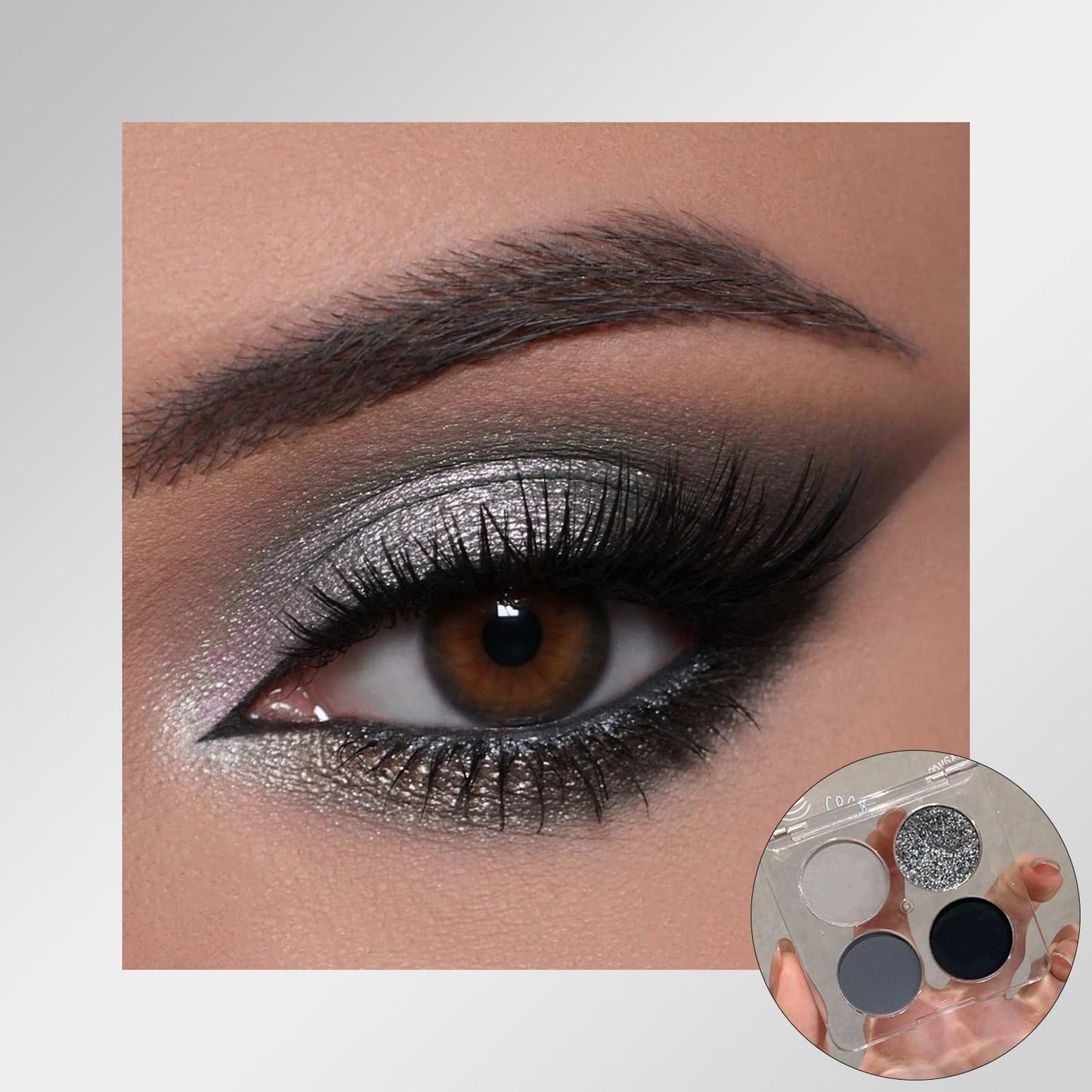 LYNTYAOU Black Gray Silver Smoky Eyeshadow Palettes Set, Goth Eye Shadow Shimmer Mate Palette, Cool Make-Up Palettes for Women Glitter Make up Set, Festival Eyeshadows 4 Colour Pigmented with Brush