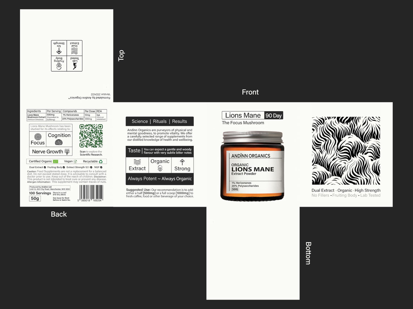 Andinn Organics Organic Lions Mane Mushroom Powder | 12X Strength | 3 Month Supply | Dual Extract Powder 23:1 | 6000mg | NGF | 1% Hericenones | 20% Polysaccharides