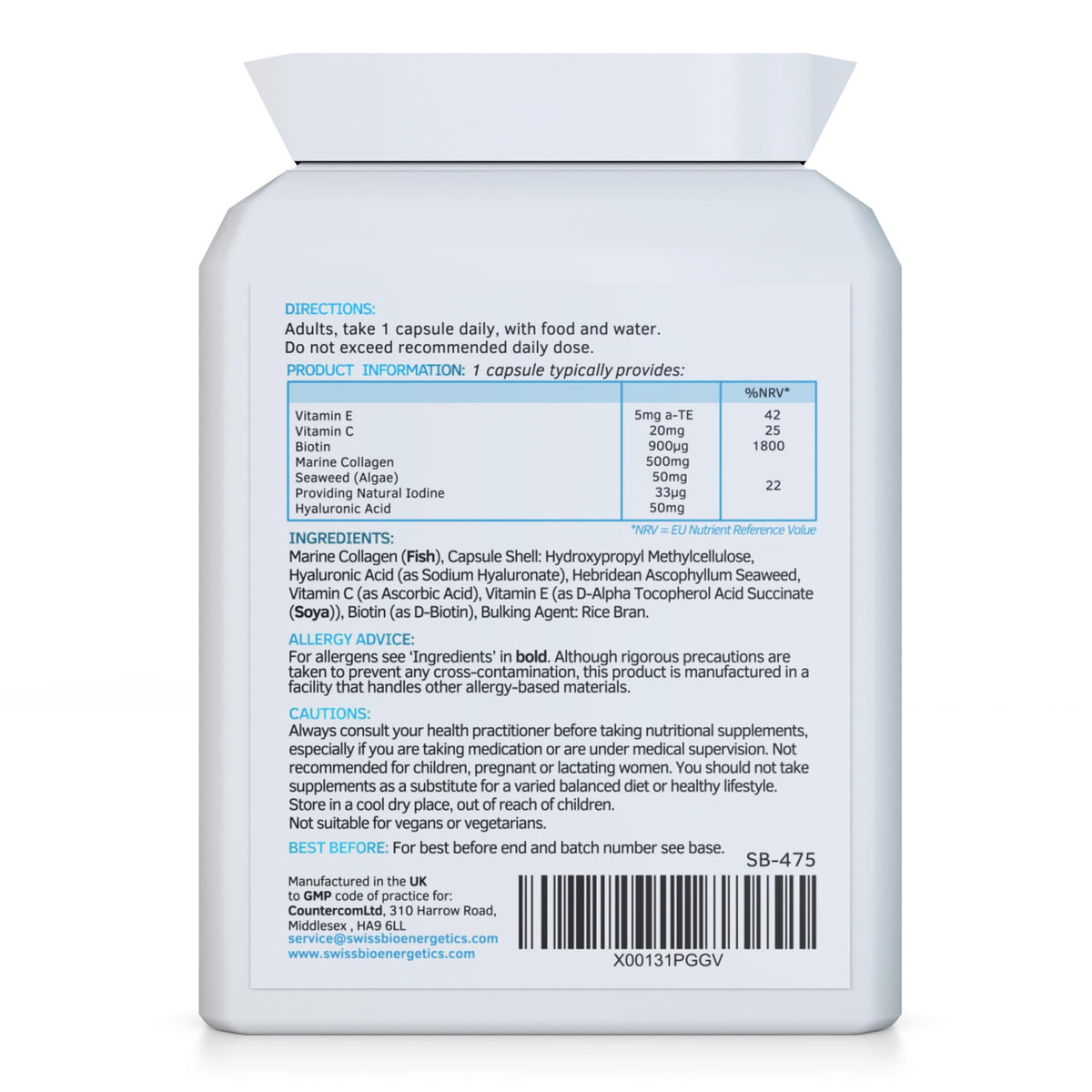 swiss bioenergetics Marine Collagen & Hyaluronic Acid Complex - 60 Capsules - 500mg of Highly Bioavailable Naticol® Hydrolysed Collagen
