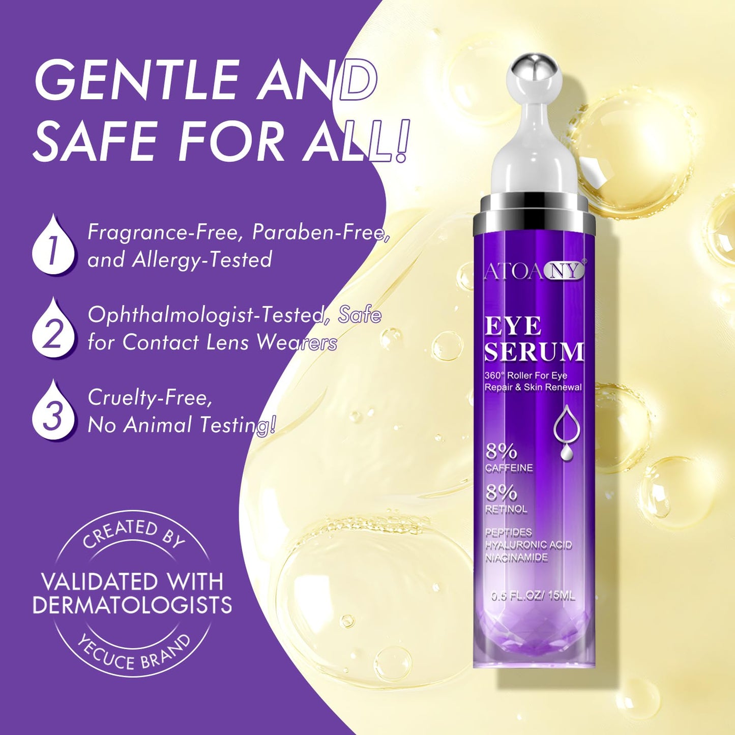 CiAIplw Eye Serum with 8% Caffeine 8% Retinol Hyaluronic Acid Niacinamide Peptides for Puffy Eye Bags Dark Circles Wrinkles and Fine Lines, Anti Aging, Under Eye Cream with 360° Eye Roller Massage Ball, 15ml