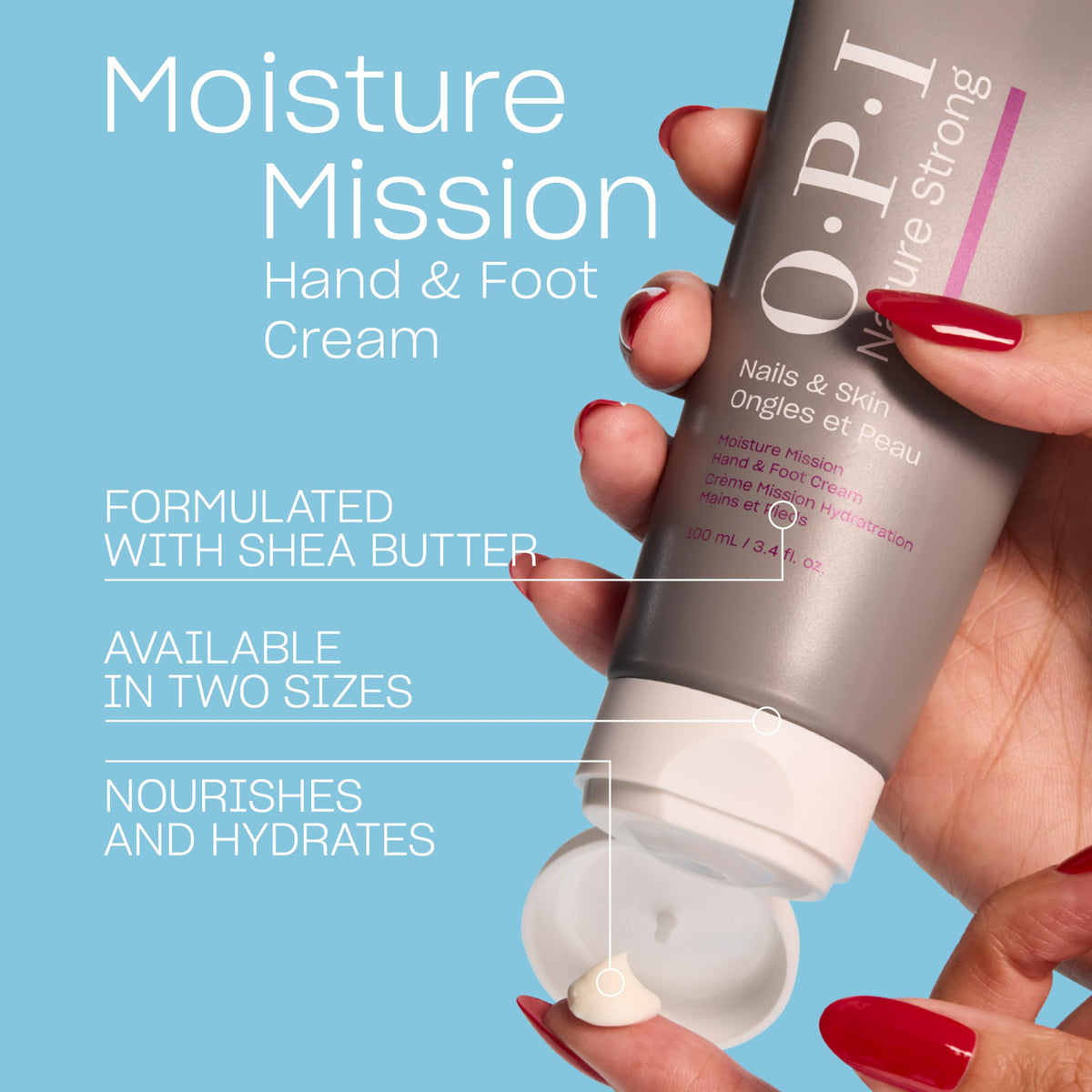 OPI Nature Strong Skincare Moisture Mission Hand & Foot Cream - Intense Moisturising Treatment with Shea Butter for Dry Skin | Hand & Feet Care, 250ml