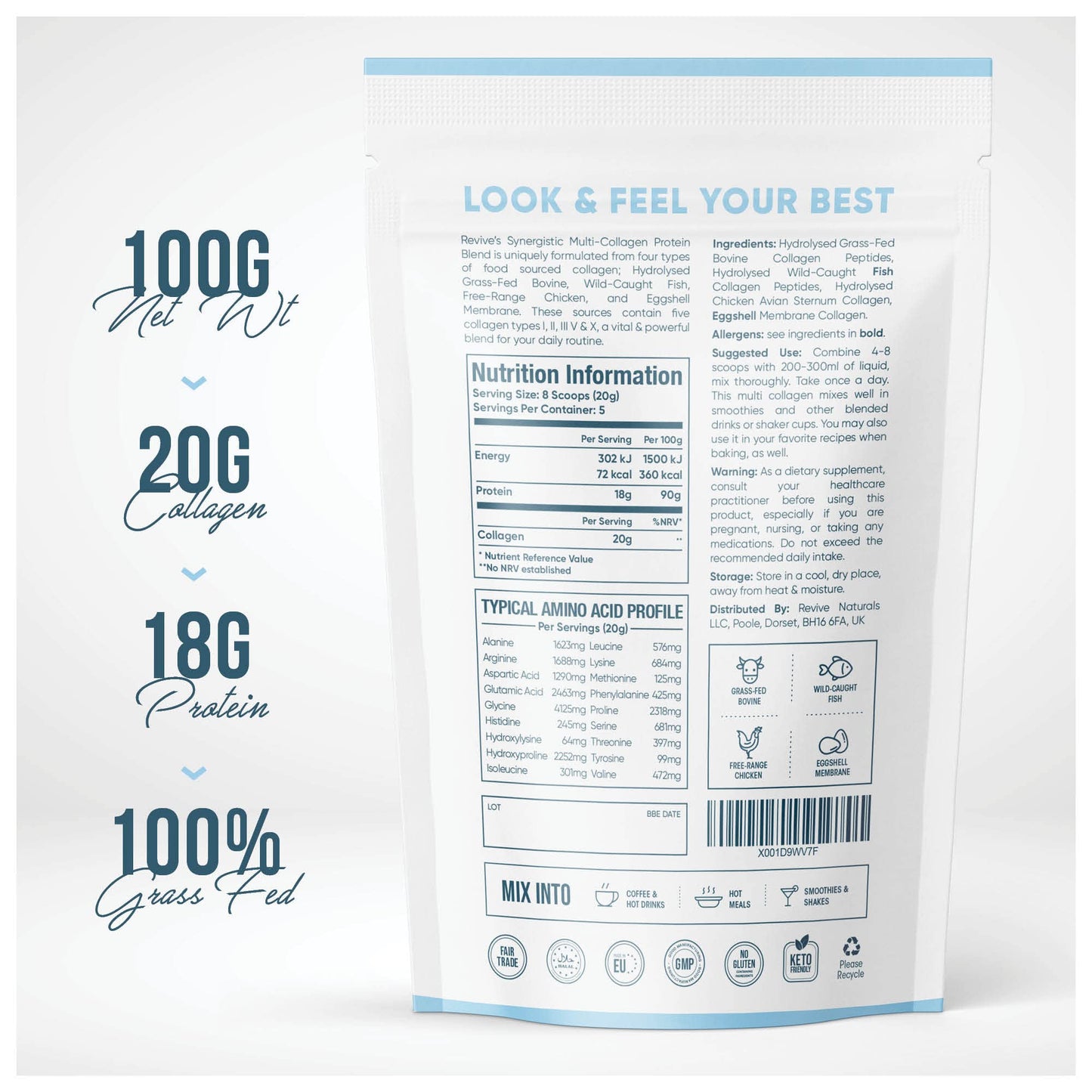 Multi Collagen Protein Powder (100g) - Types I, II, III, V & X - Hydrolyzed Grass Fed Bovine, Wild Caught Fish, & Free-Range Chicken & Eggshell Collagen (5 Day Supply)