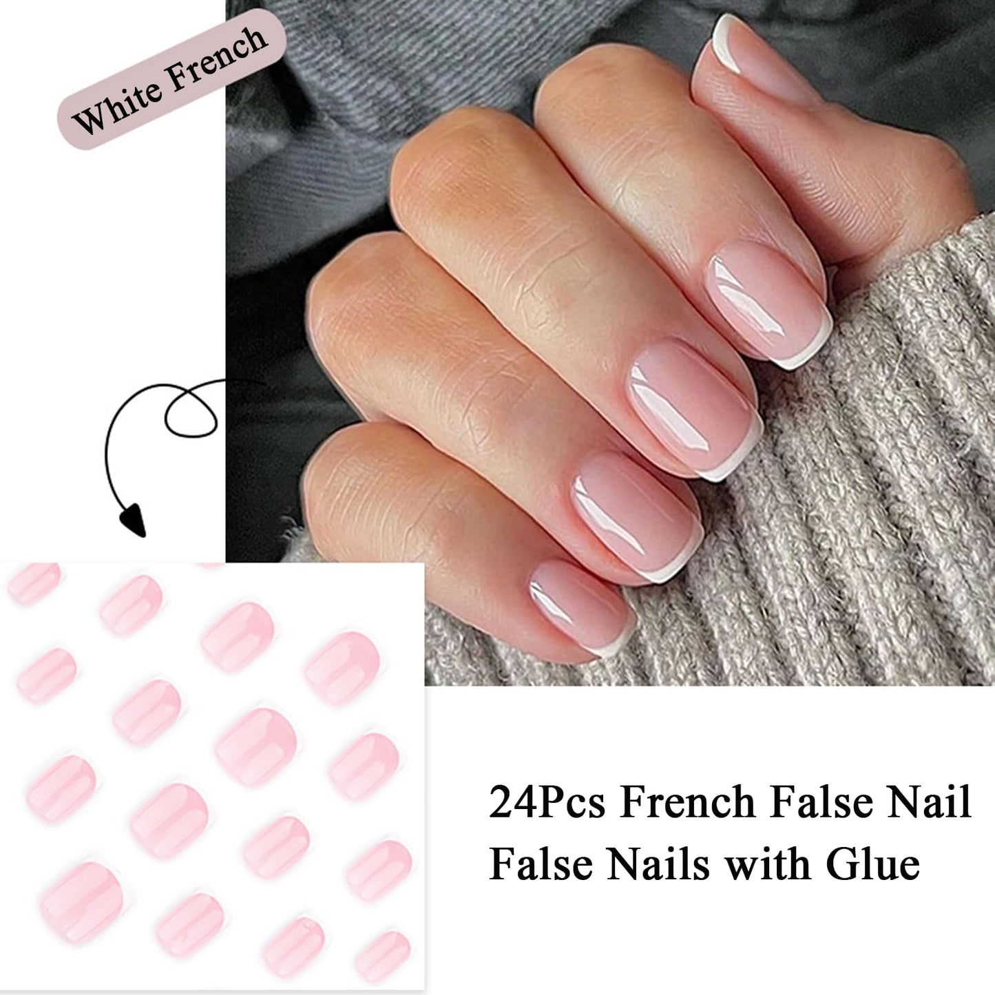 EONFAVE Square Short French False nail - 24Pcs Press on Tips with Glue - White Tip Stick on nail for Women Girls
