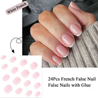 EONFAVE Square Short French False nail - 24Pcs Press on Tips with Glue - White Tip Stick on nail for Women Girls