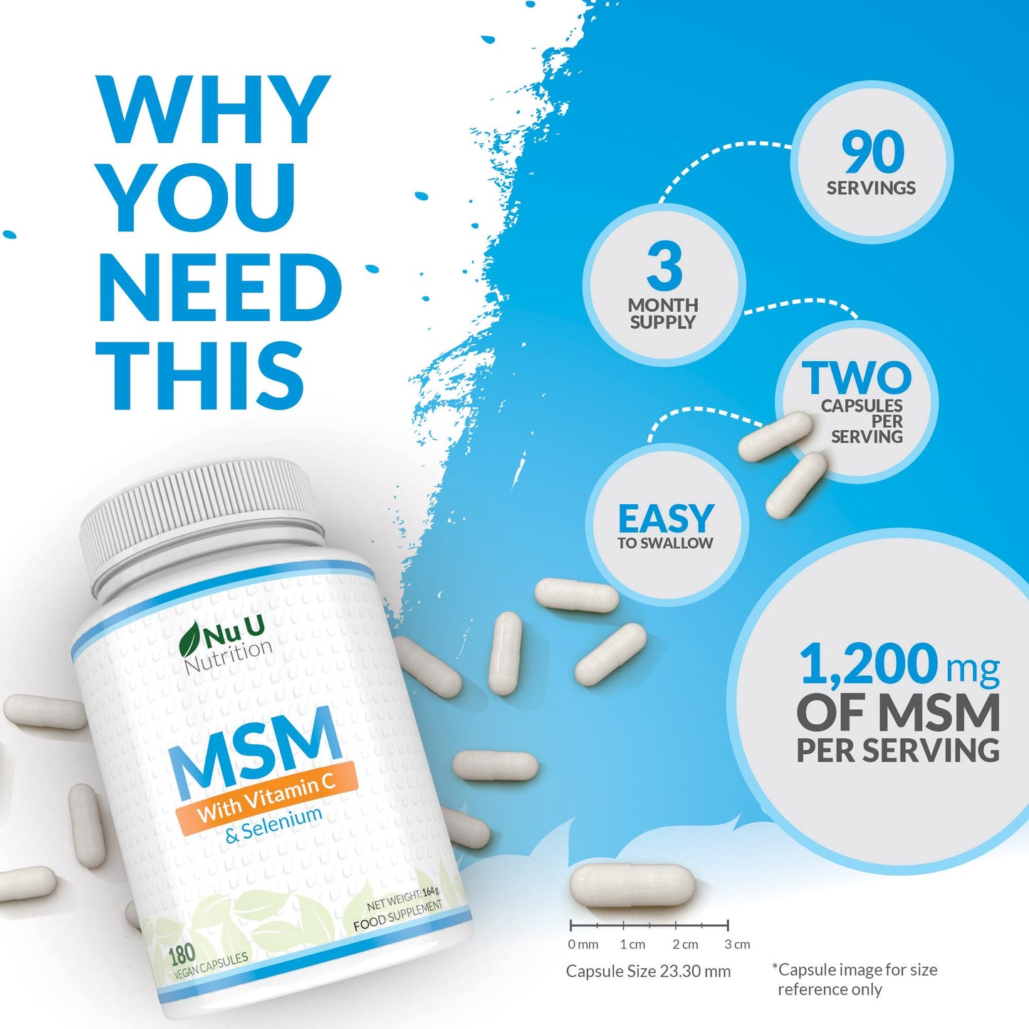 Nu U Nutrition MSM 1200mg - 180 Capsules - 3 Month Supply - Methylsulfonylmethanethane with Added Vitamin C and Selenium - High Strength MSM
