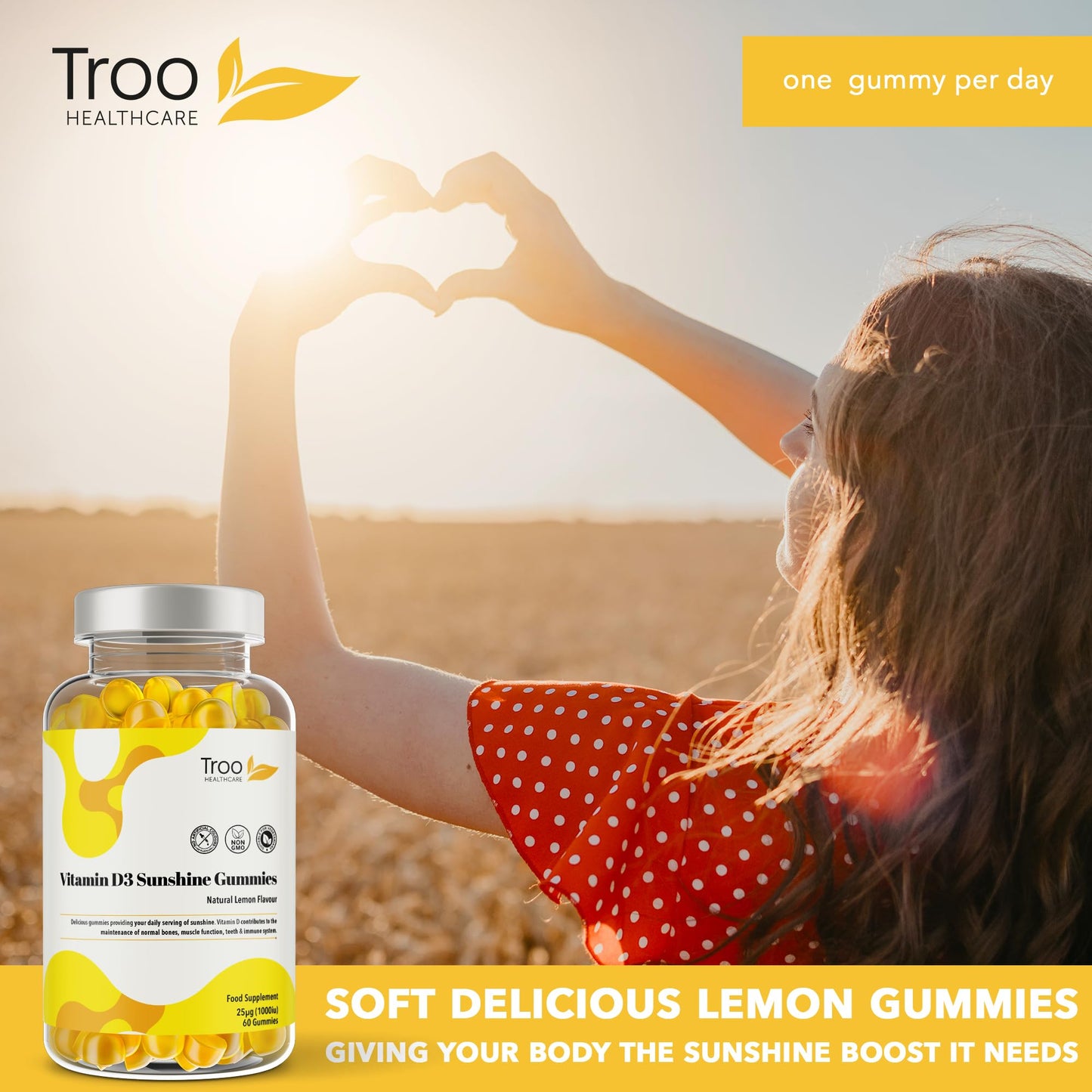 Troo Health Care Vitamin D3 Gummies (1000iu) - Natural Lemon Flavoured - 60 Count for Teens & Adults - 5 Month Supply - Non-GMO, Supports Immune Function, Bone & Teeth Health