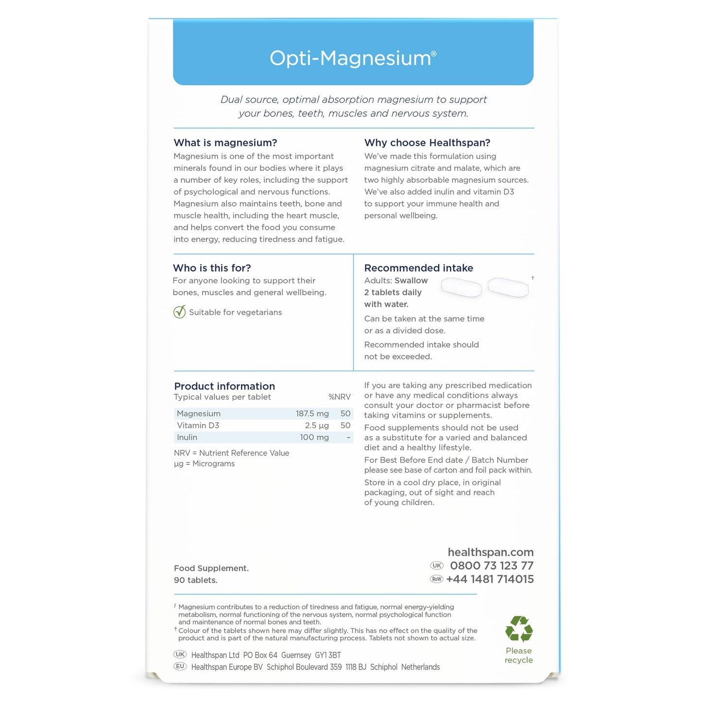 Healthspan Opti-Magnesium | 90 Tablets | for Bone & Muscle Support | Maintains Psychological Function and Nervous System | Easily Absorbed | Added Vitamin D3 | Inulin | Vegetarian
