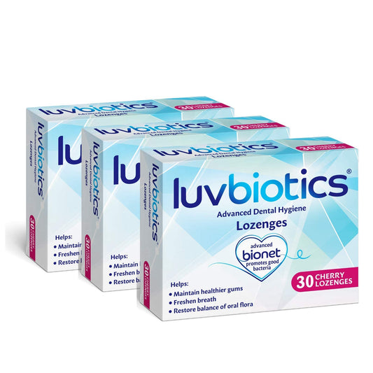 Luvbiotics Cherry Lozenges with Probiotics & Xylitol Promotes Good Bacteria for Healthy Gums, Fresh Breath & Cavity Protection. No Artificial Colours/preservatives. 3 Pack of 30's