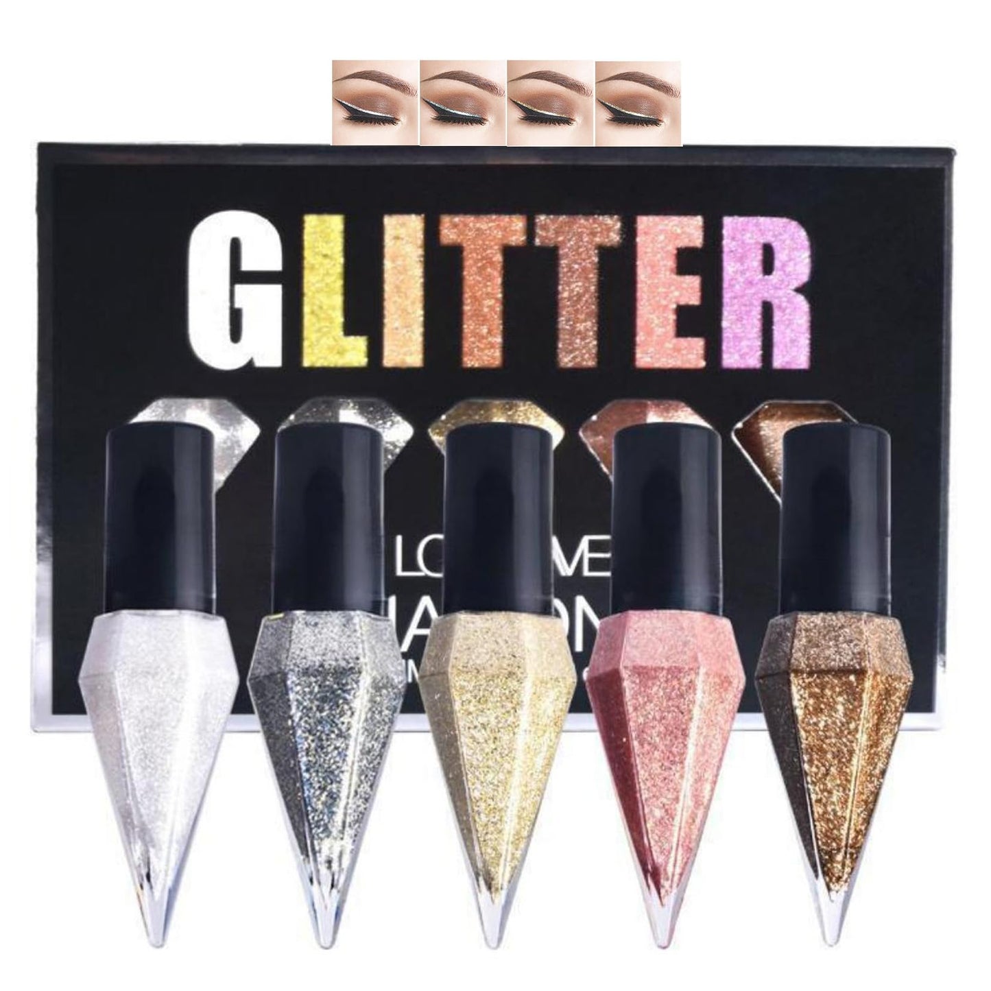Generic Five-Piece Glitter Liquid Eyeshadow and Eyeliner Set in Metallic Shades - Quick-Drying Waterproof Formula for Day and Night Makeup with Full-Size Applicator Wand, Ideal for Creating Bold or Subtle