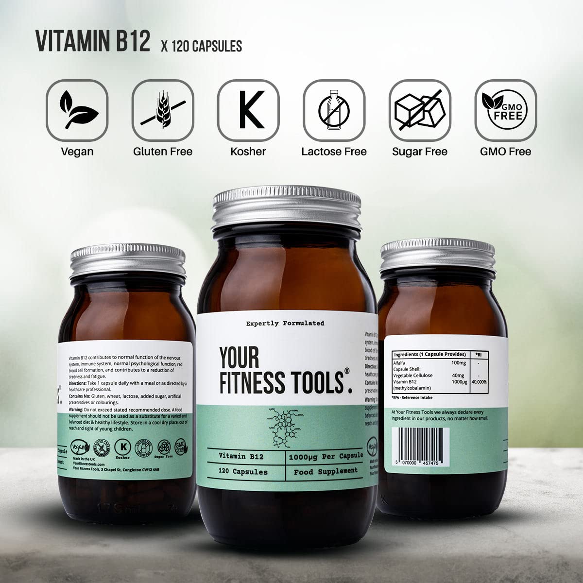 Your Fitness Tools Vegan Vitamin B12 1000MCG | 120 x Methylcobalamin Vegan B12 Capsules | Contribute to The Reduction of Tiredness and Fatigue | Made in The UK