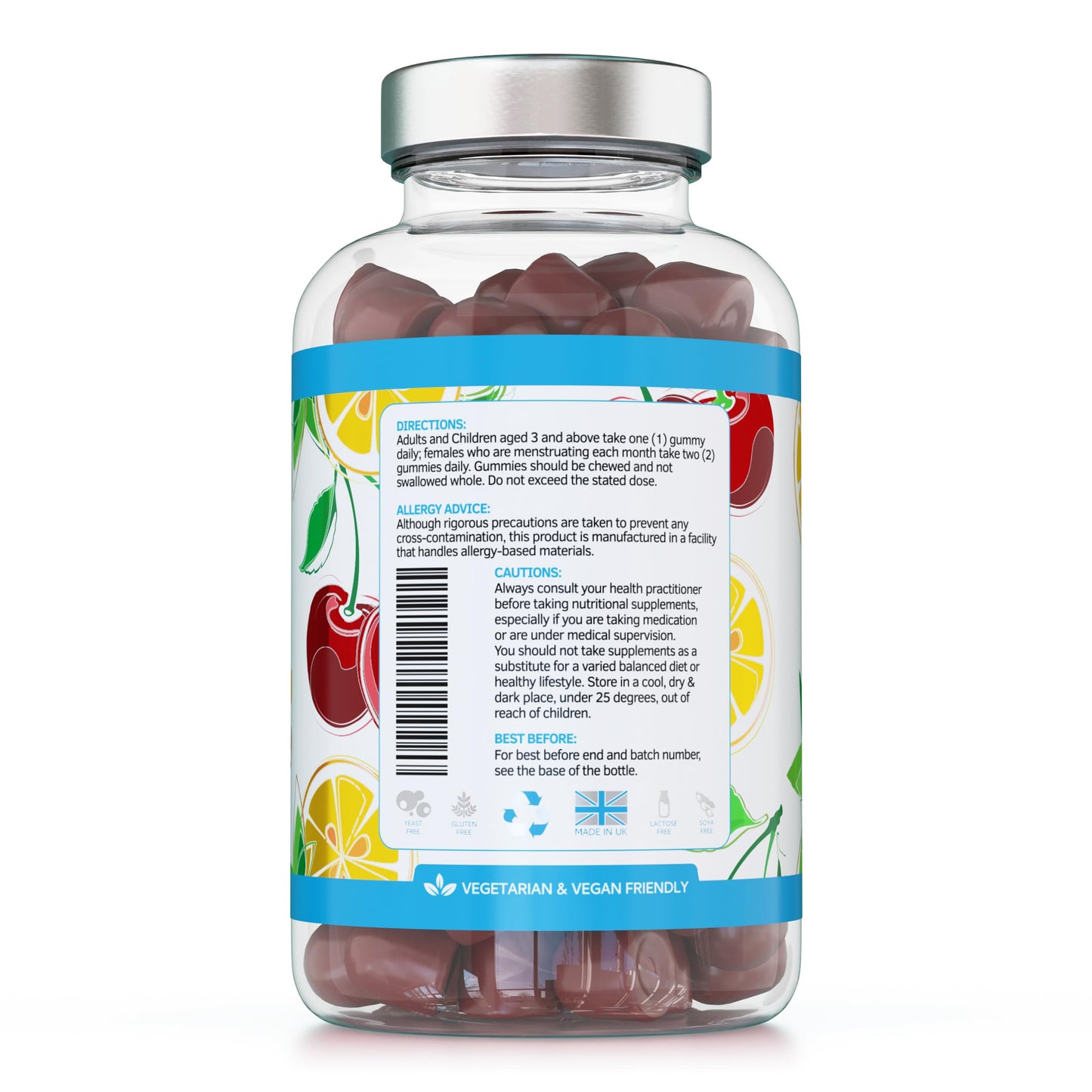 swiss bioenergetics Iron Gummies with Added Vitamin C - 60 Natural Cherry Flavour Chewable Yummy Gummies - 2 Month Supply - efficient Absorption and gentler Digestion Formula - Made in The UK