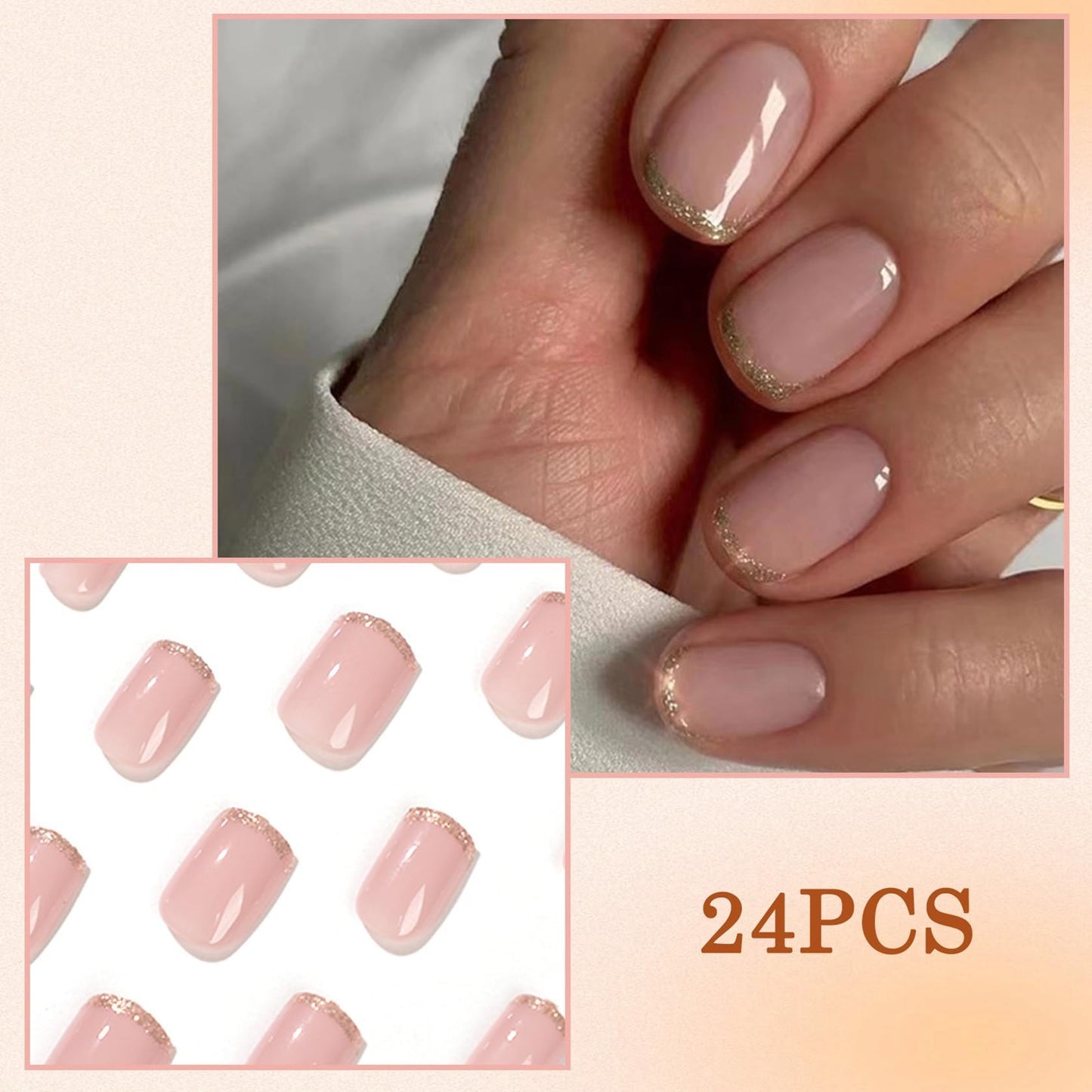 Generic Short Oval False Nails with Glitter Gold Edge - French Style Press On Nails Set in Nude for Women, Includes Art Accessories and Applicator Tool for Short Square and Round Shapes
