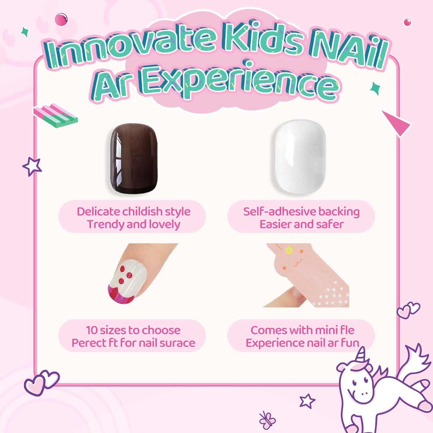 SeseBee 144Pcs Kids Press on Nails Children Girls Short Artificial Fake Nails No fading Stable Quick Stick on Cute Rainbow Unicorn Pre Glue Full Cover Acrylic Nail Tip Kit Gift Kids Nail Decoration (Unicorn)