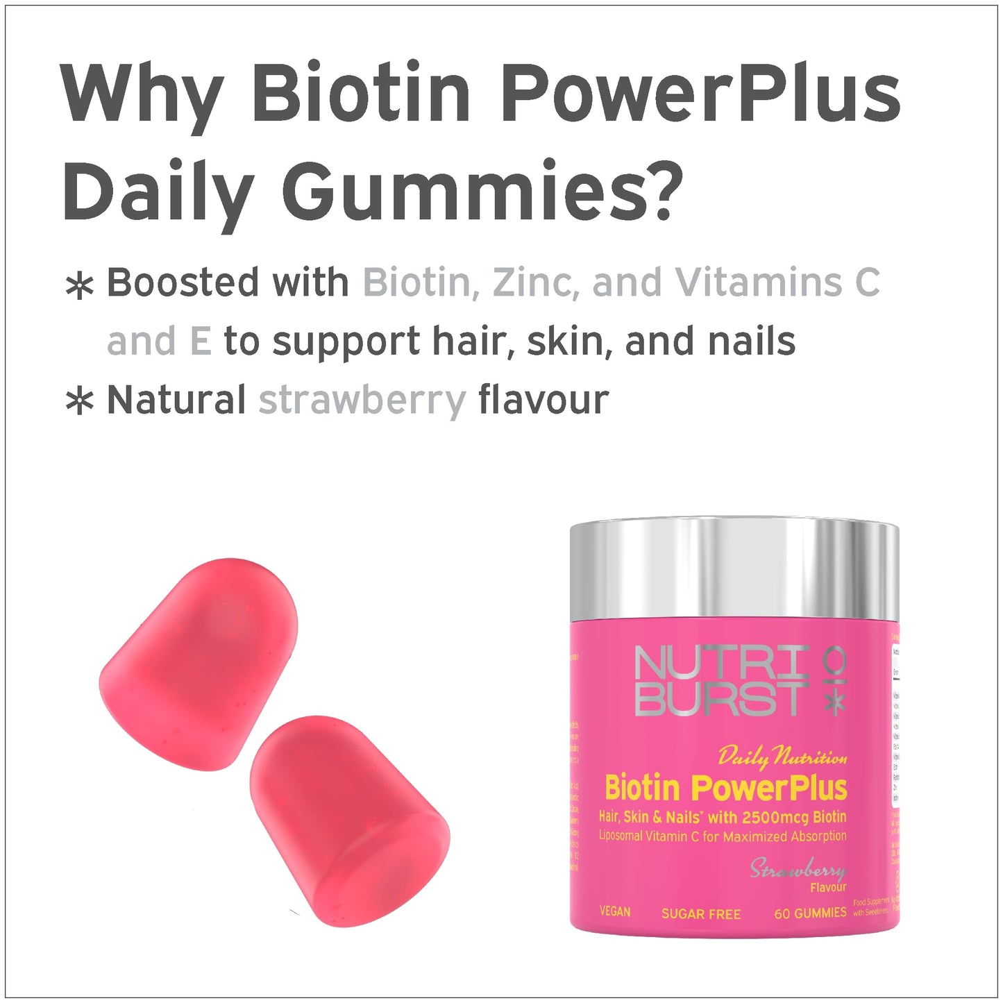 Nutriburst Biotin Power Plus - Biotin (2500mcg) + Liposomal Vitamin C for Healthy Hair & Glowing Skin - Strawberry Flavour - 60 Gummies 1 Month Supply - Suitable for Vegans