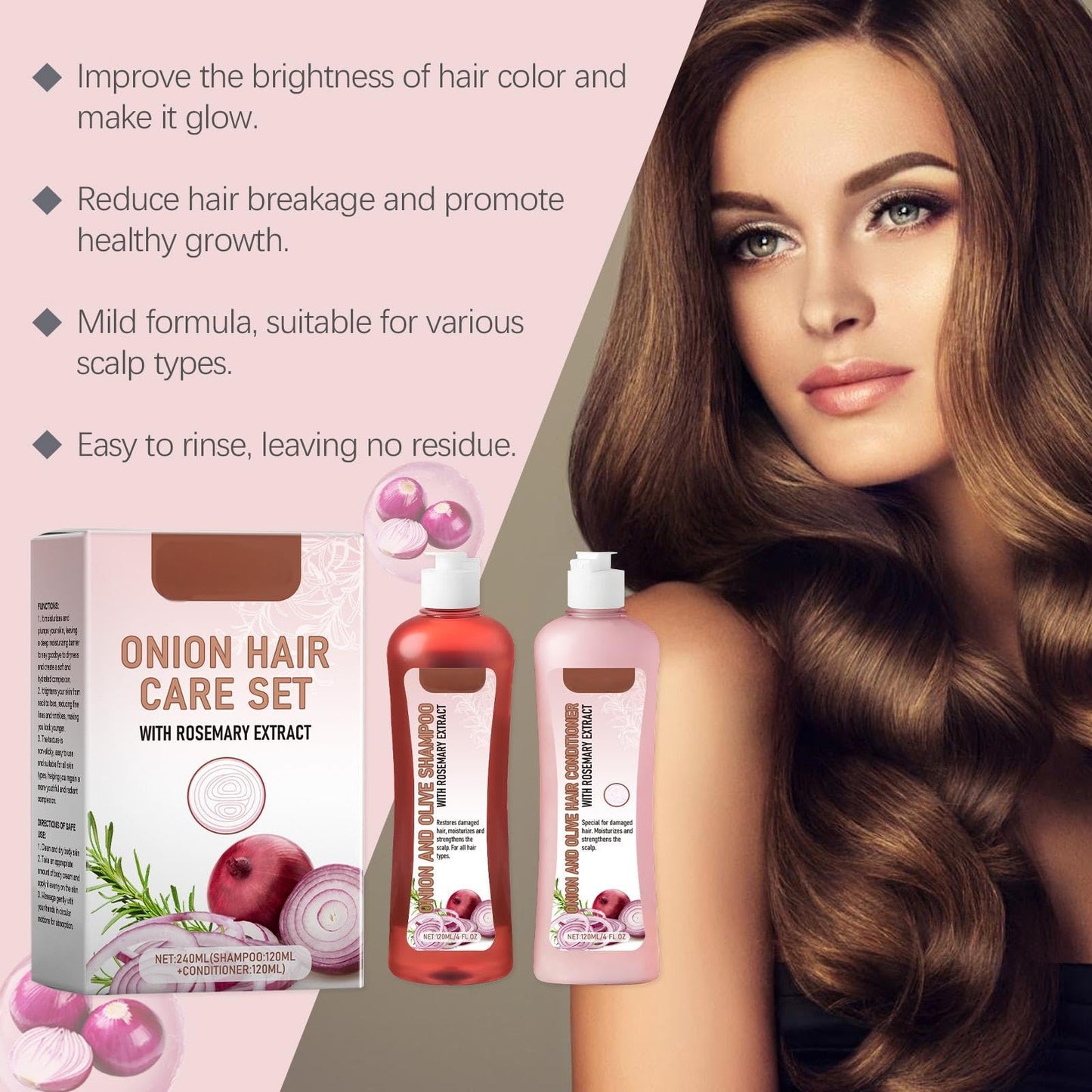 Bploar Onion And Olive Shampoo Conditioner Set, Onion Rosemary Shampoo Set for Hair Growth & Volume, Hair Care Shampoo & Conditioner Set - 120 ml Duo Against Hair Loss for Stronger, Thicker, Longer Hair