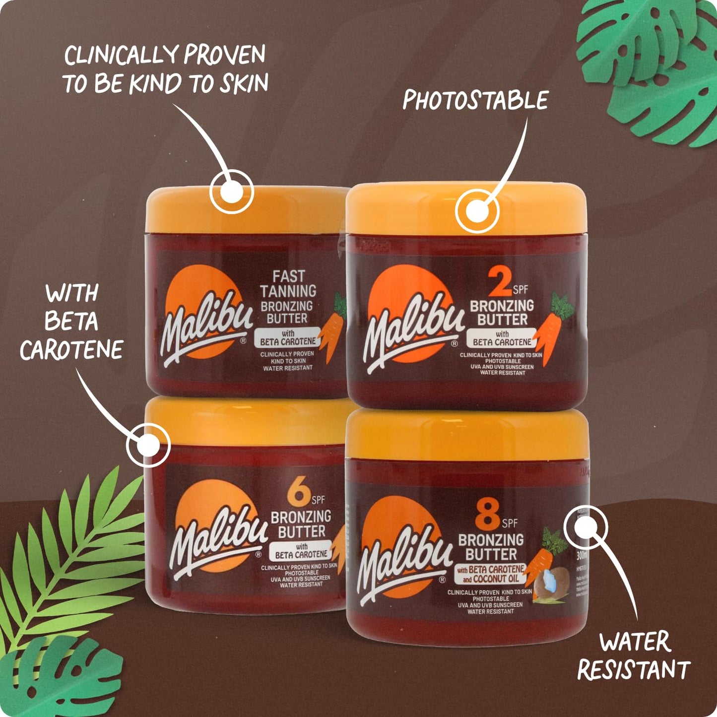 Malibu Sun SPF 8 Bronzing Tanning Body Butter with Beta Carotene and Coconut Oil, Water Resistant, Tropical Coconut Fragrance, 300ml