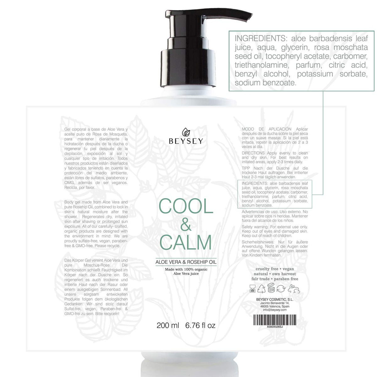 Beysey living natural Organic Aloe Vera Gel with Rosehip Oil - Daily Moisturising Body Lotion/After Sun/Post Depilatory Cream - Beysey COOL&CALM 200ml