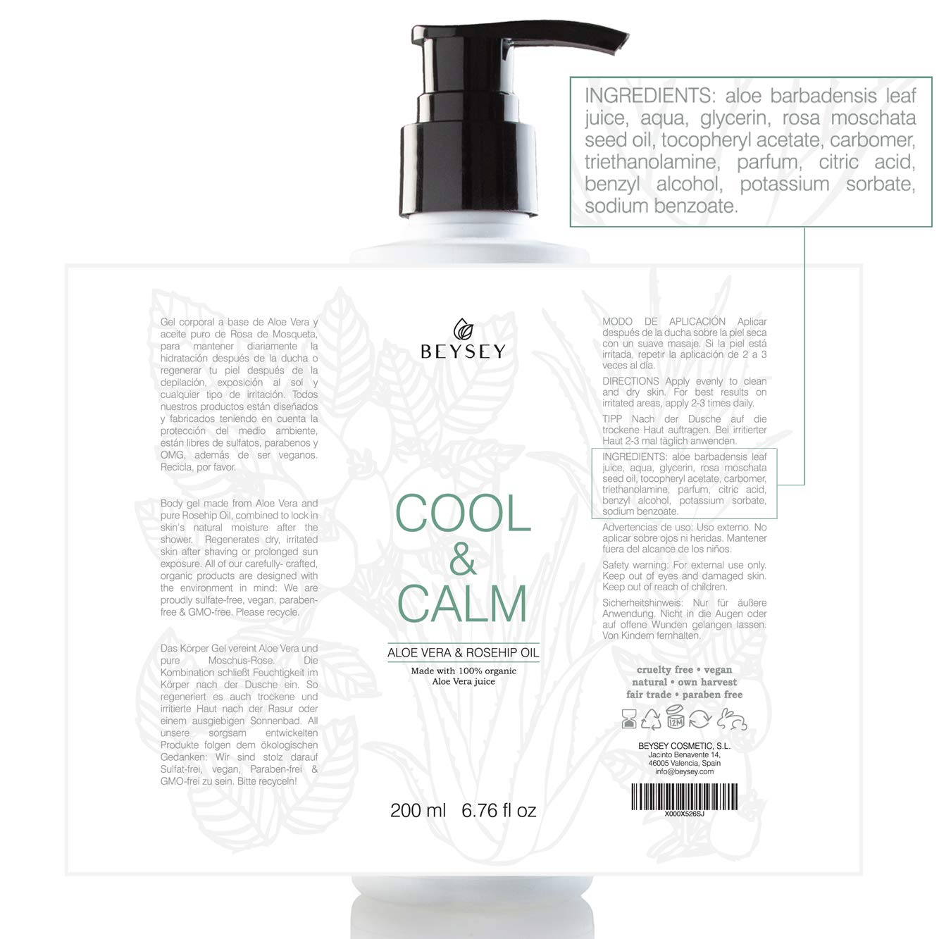 Beysey living natural Organic Aloe Vera Gel with Rosehip Oil - Daily Moisturising Body Lotion/After Sun/Post Depilatory Cream - Beysey COOL&CALM 200ml