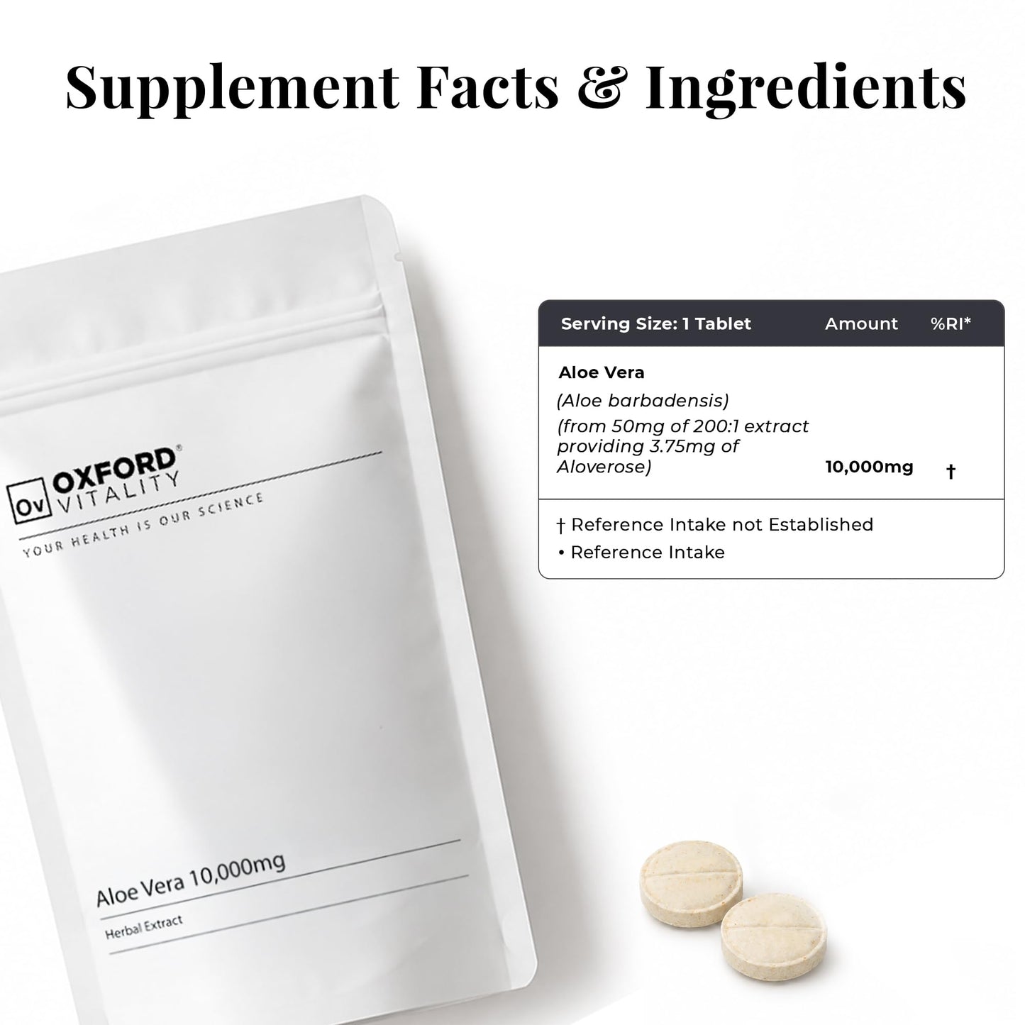 Ov OXFORD VITALITY Oxford Vitality Aloe Vera 10000mg Tablets | High Strength Extract with 3.75mg Aloverose | Vegan Supplement for Digestive and General Wellbeing Support | Pack of 120