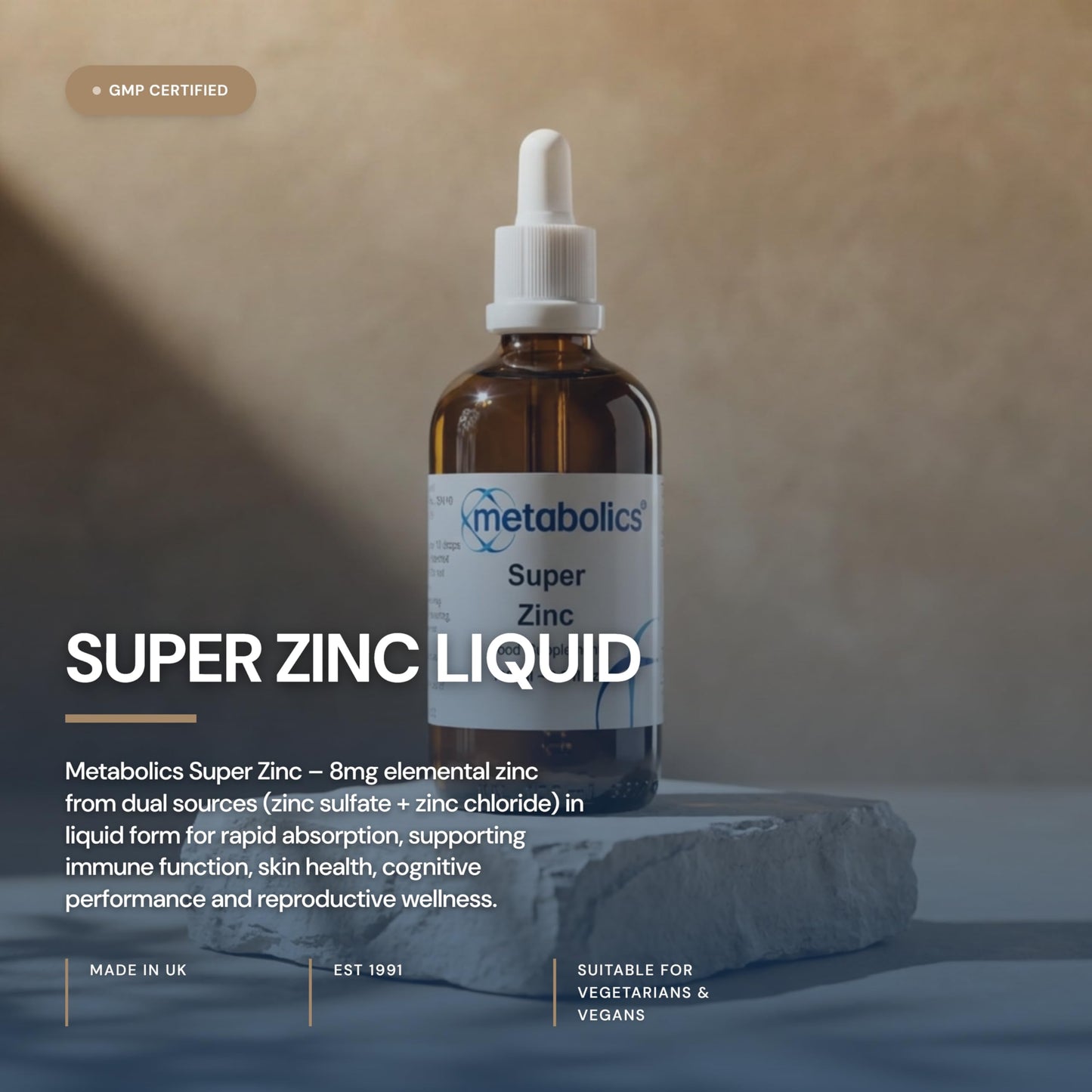 Metabolics Super Zinc Liquid 8mg Sulfate & Chloride Form 80% NRV — UK Made GMP Certified — Contributes to Normal Immune Function — Vegan Drops — 100ml Bottle — 4 Month Supply